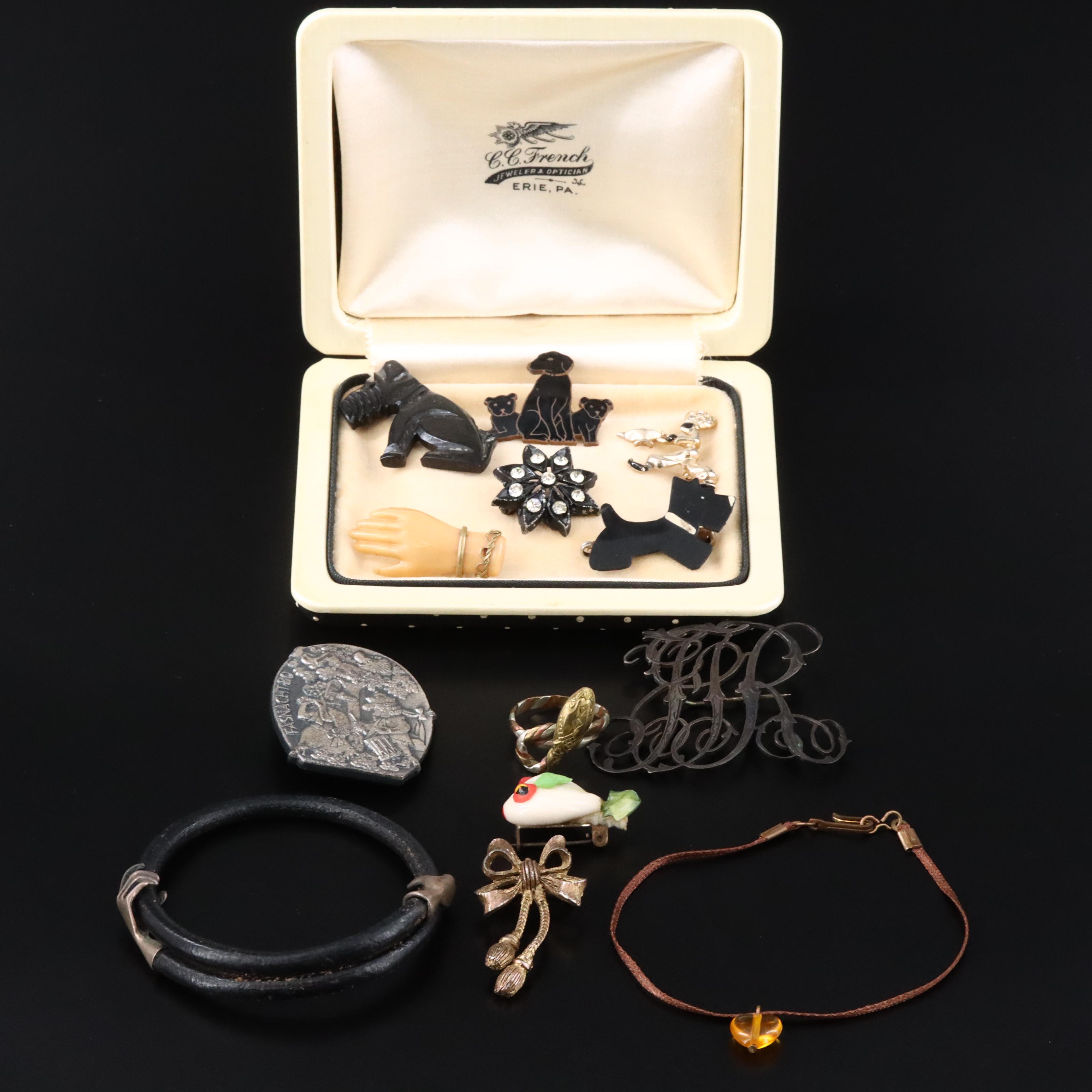 Antique and Vintage Jewelry Collection Featuring Shell, Rhinestones and Enamel