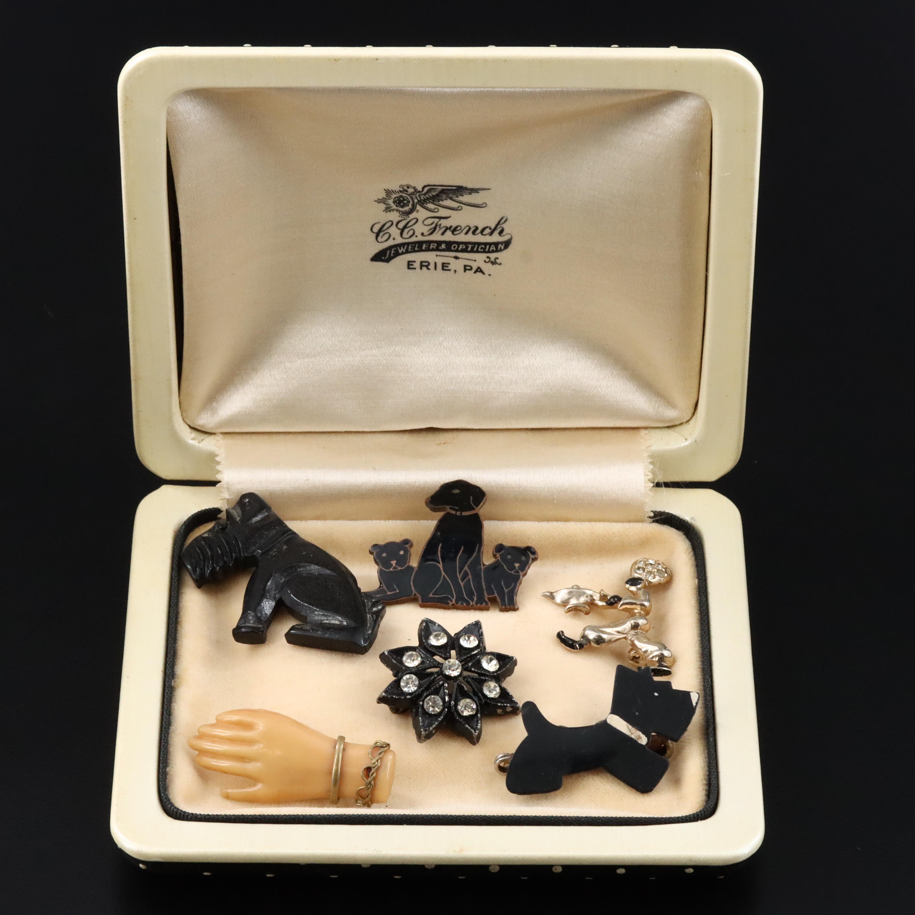 Antique and Vintage Jewelry Collection Featuring Shell, Rhinestones and Enamel