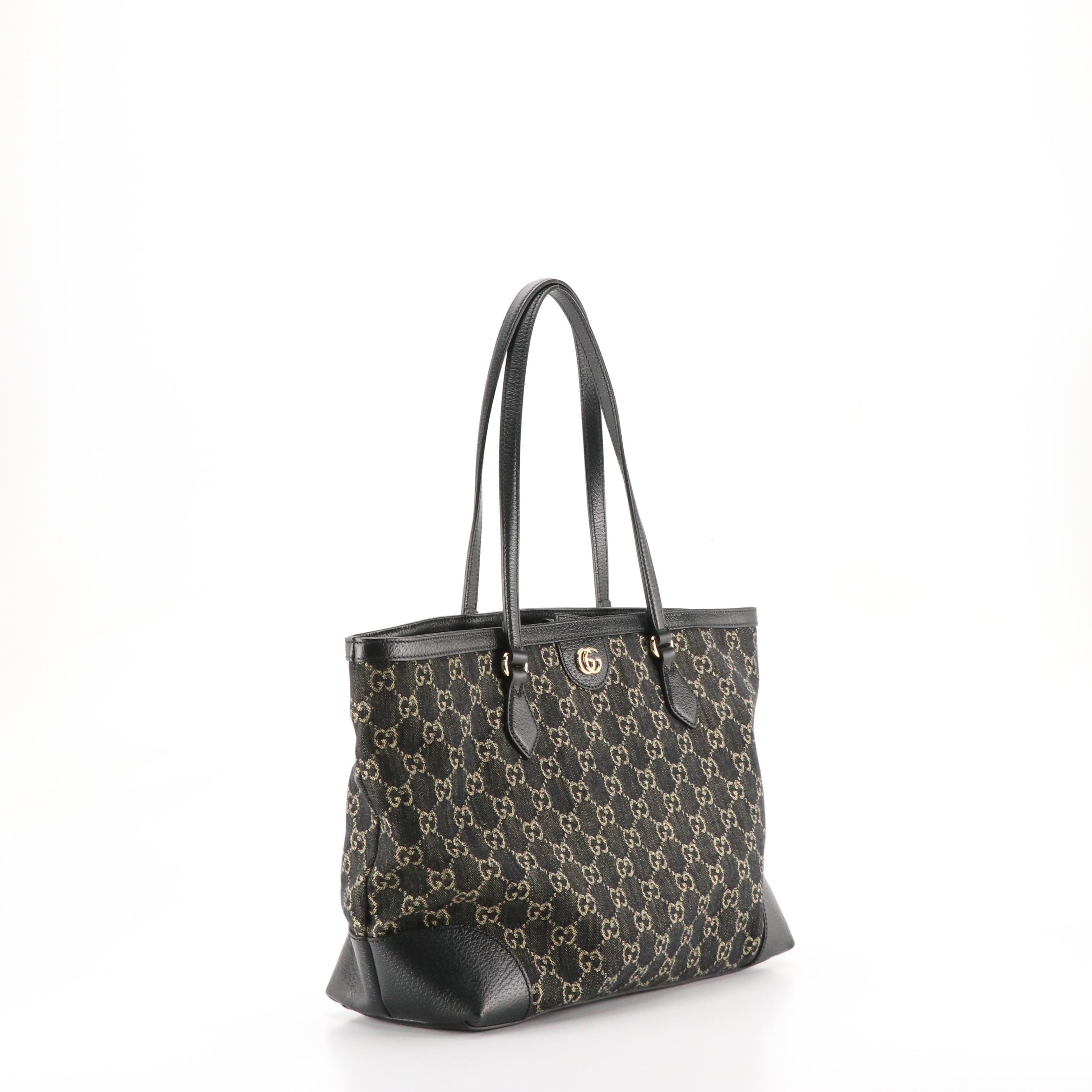 Gucci Ophidia Medium Tote in Black GG Denim Canvas and Leather Trim