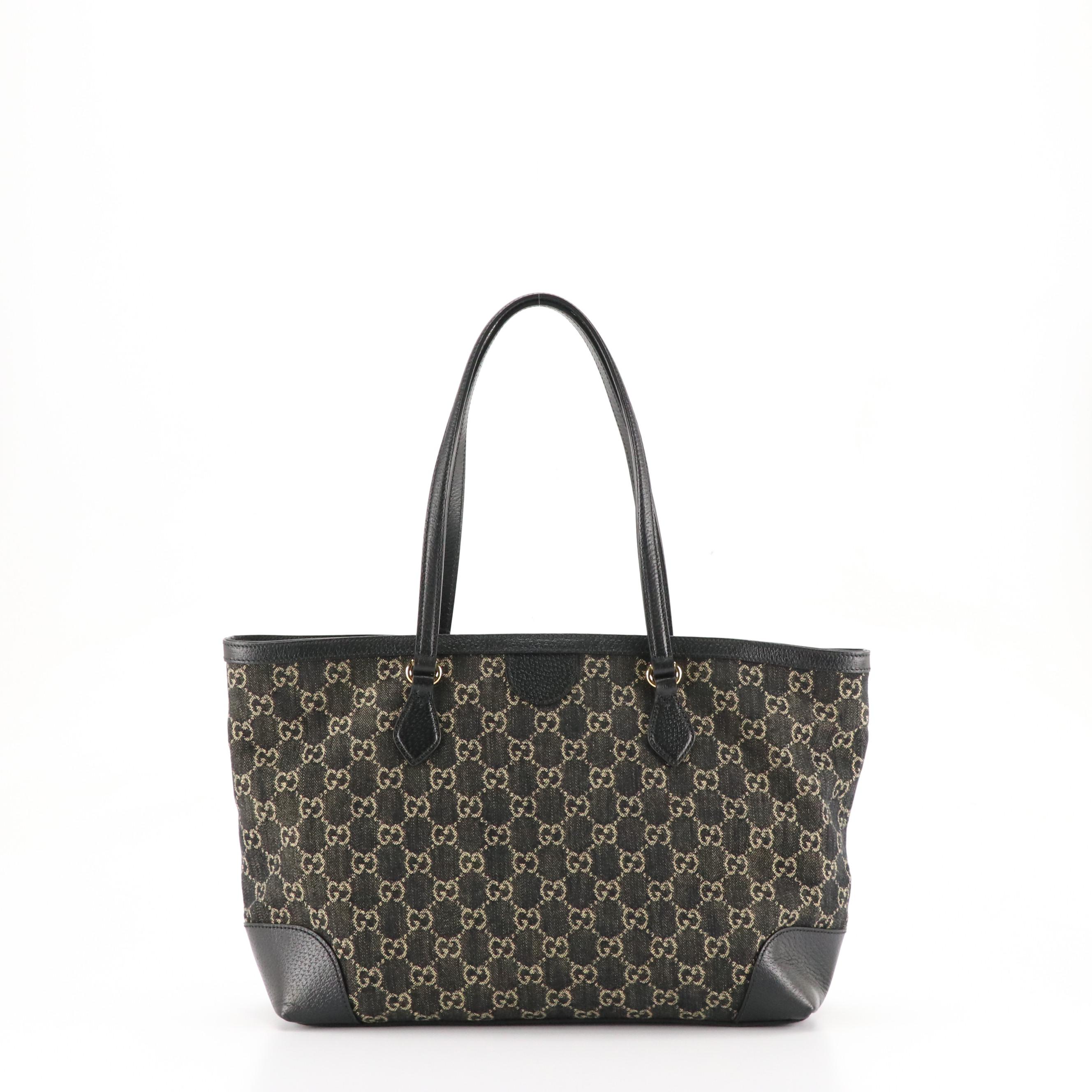 Gucci Ophidia Medium Tote in Black GG Denim Canvas and Leather Trim