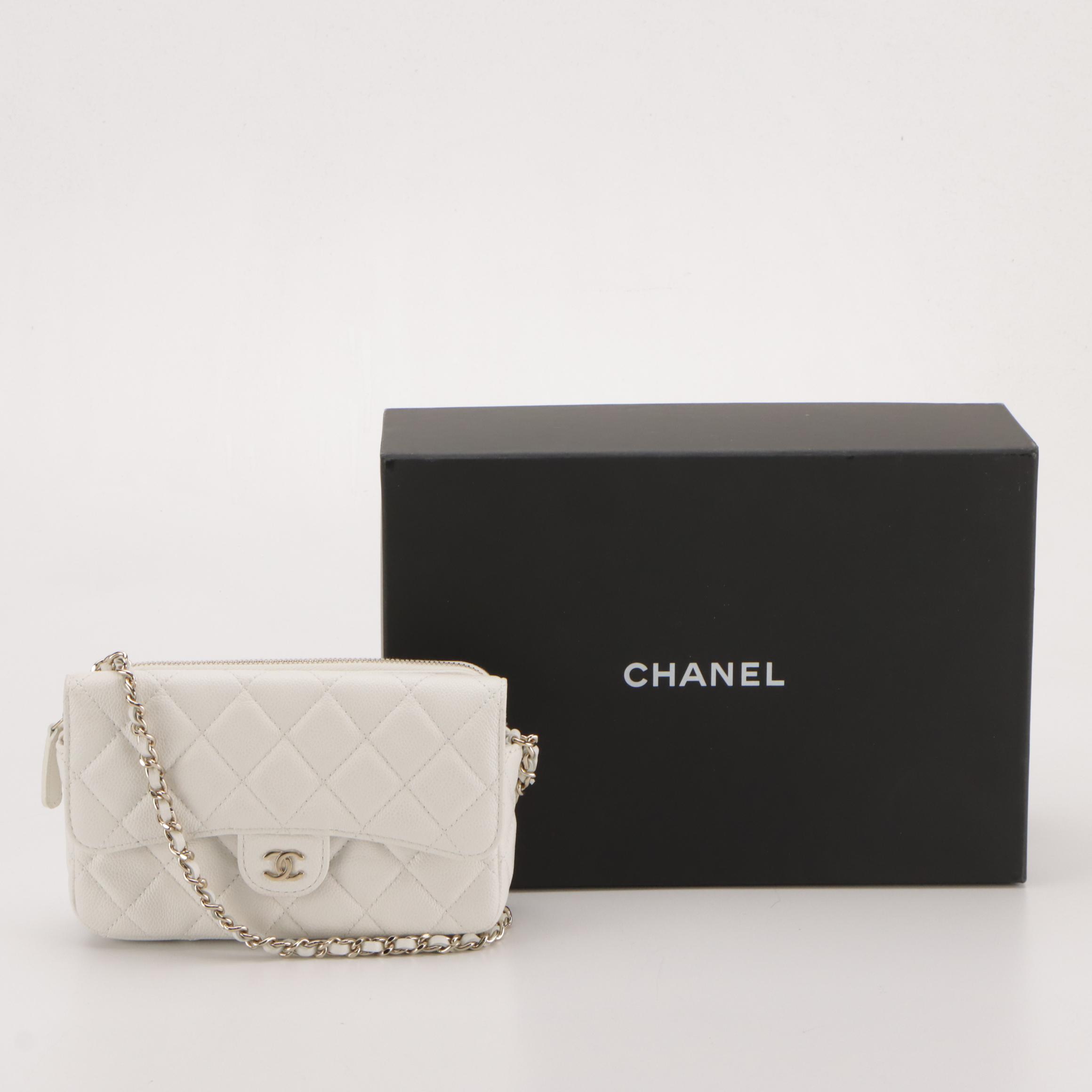 Chanel Flap Phone Case Wallet in Quilted White Caviar Leather with Box