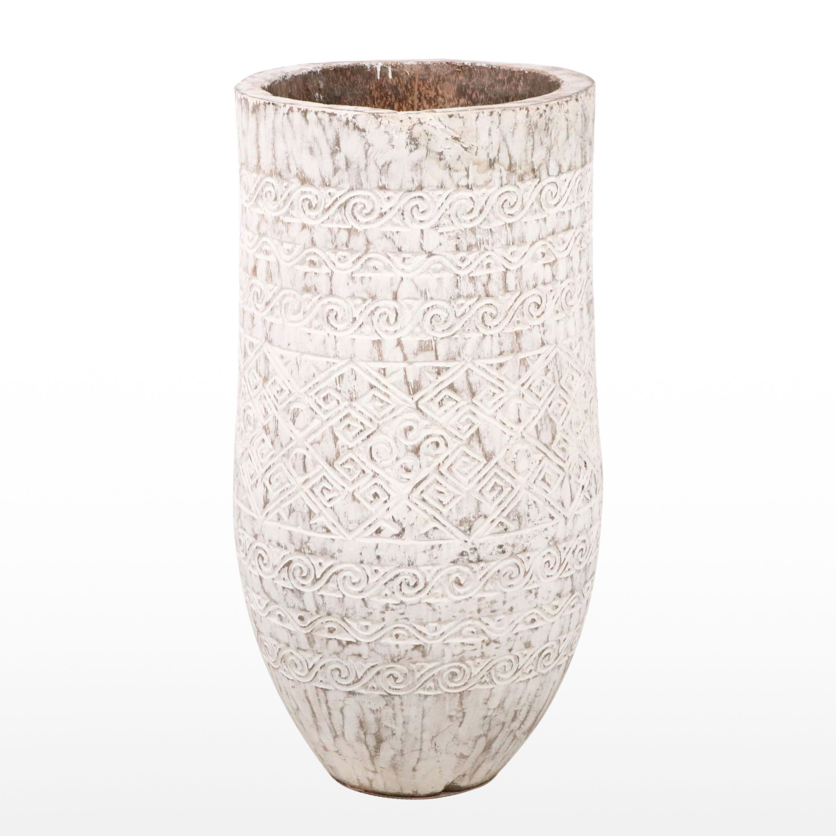 Hand-Carved Distressed White Palm Floor Vase