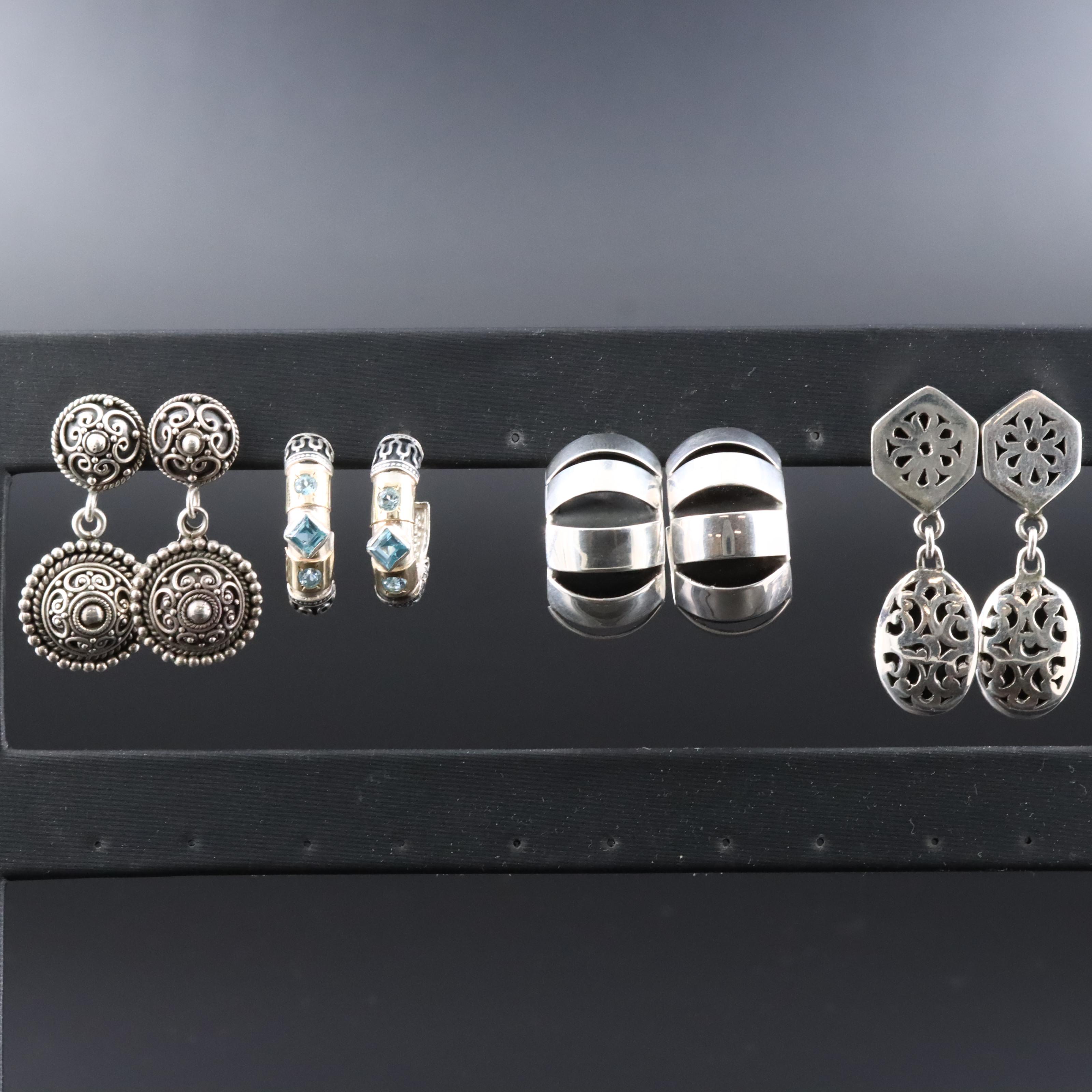 Sterling Earrings Including Blue Topaz, Mexican Hoops and Thai