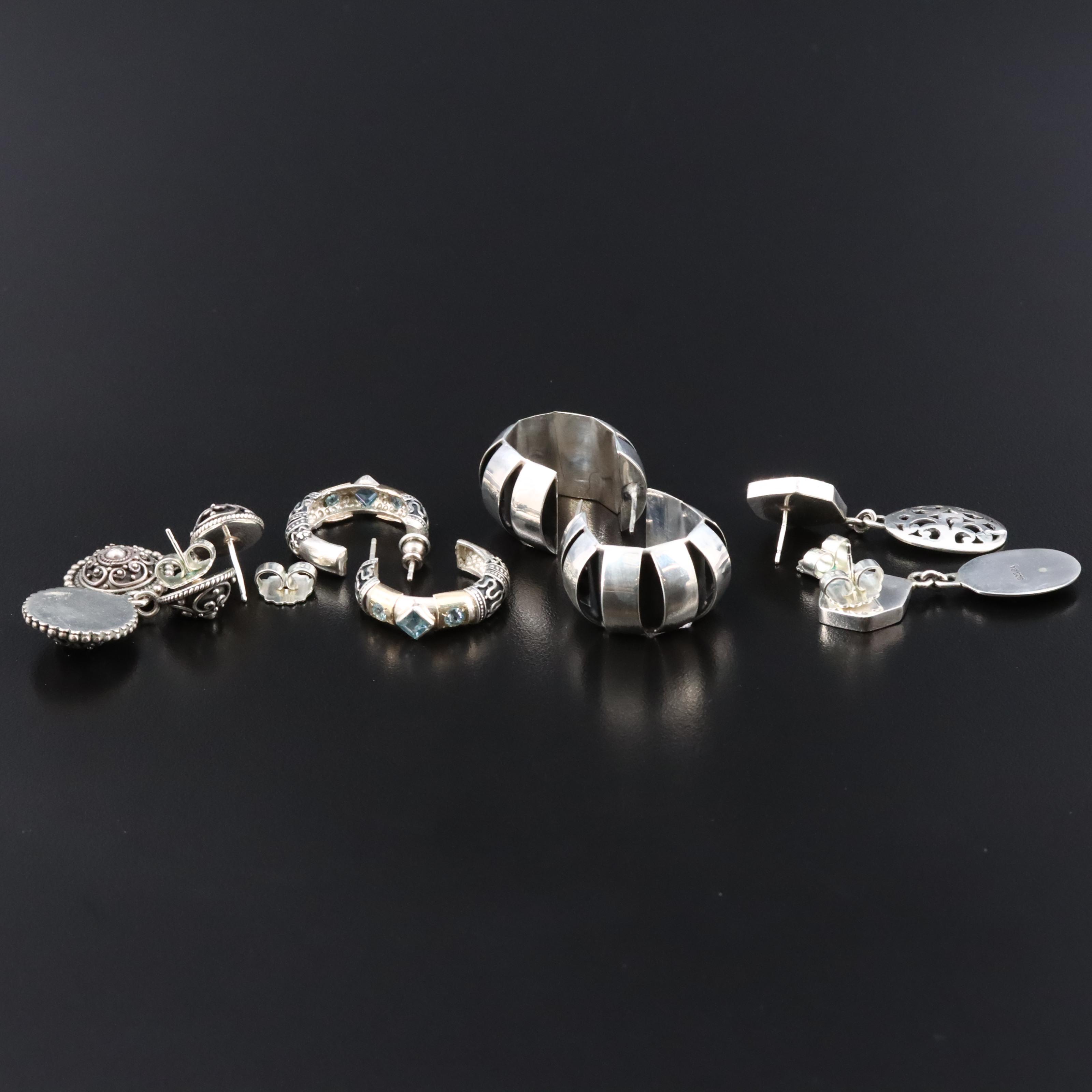 Sterling Earrings Including Blue Topaz, Mexican Hoops and Thai