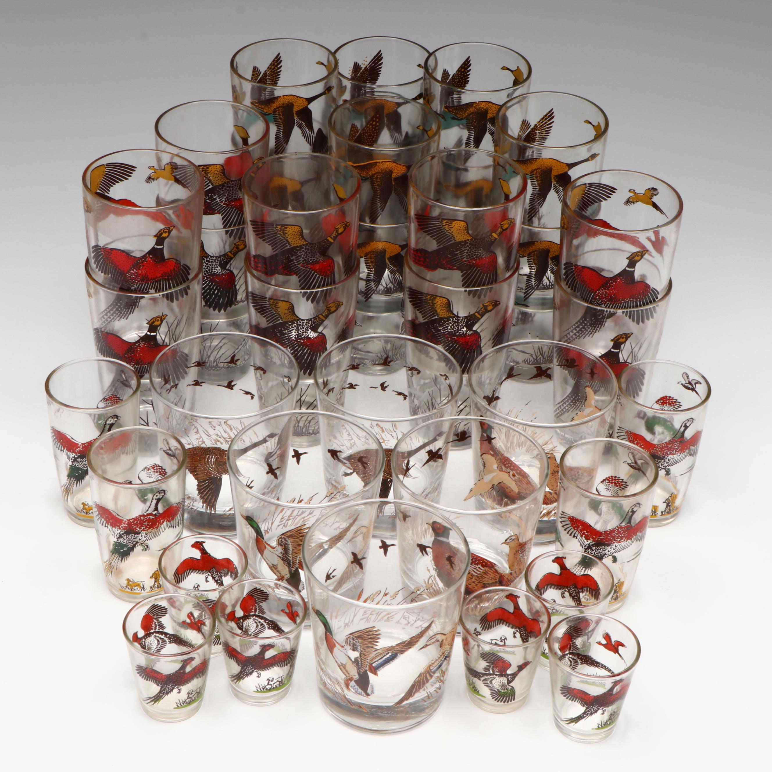 Vintage Hunting Fowl Bar Glasses, Mid-20th Century