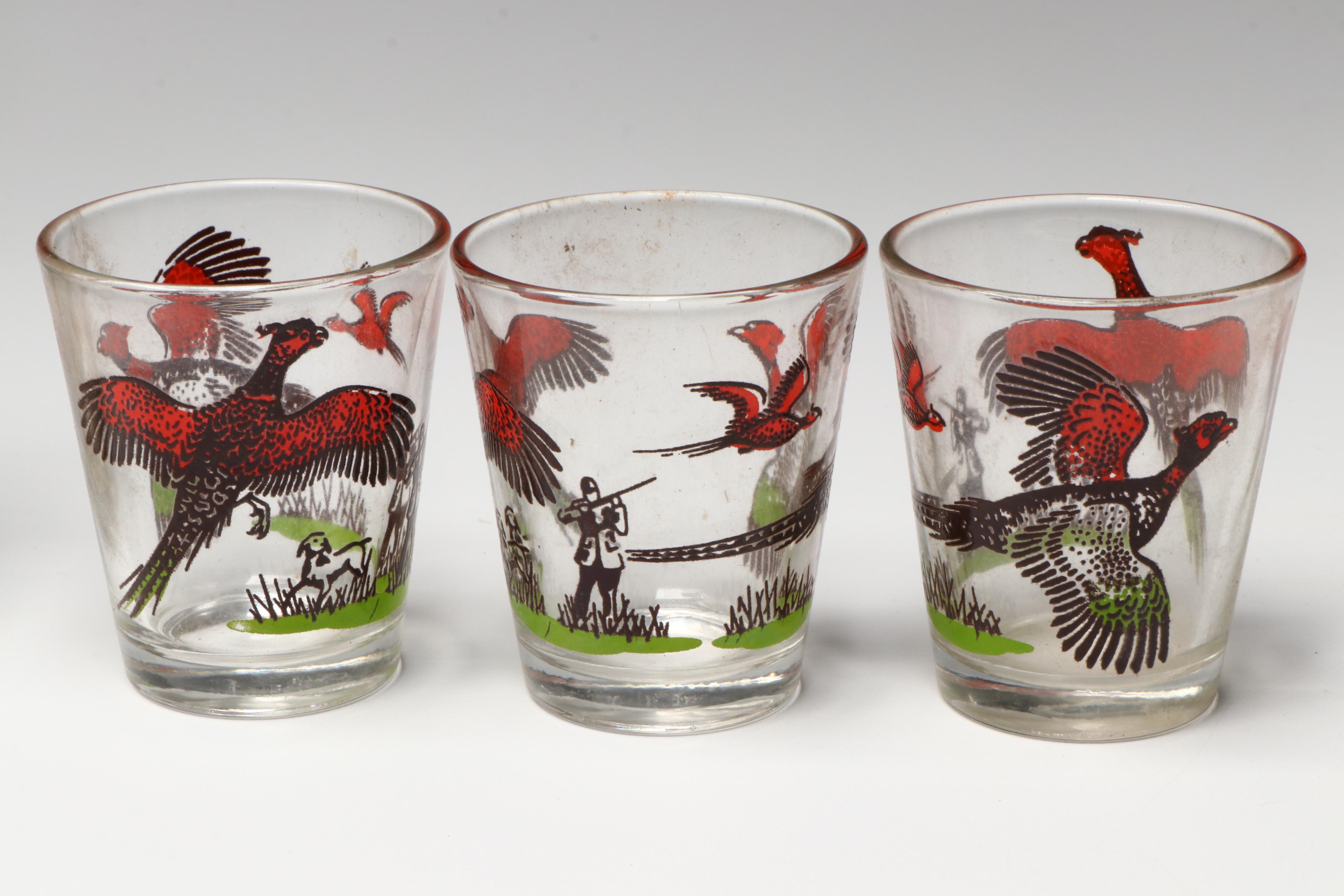 Vintage Hunting Fowl Bar Glasses, Mid-20th Century
