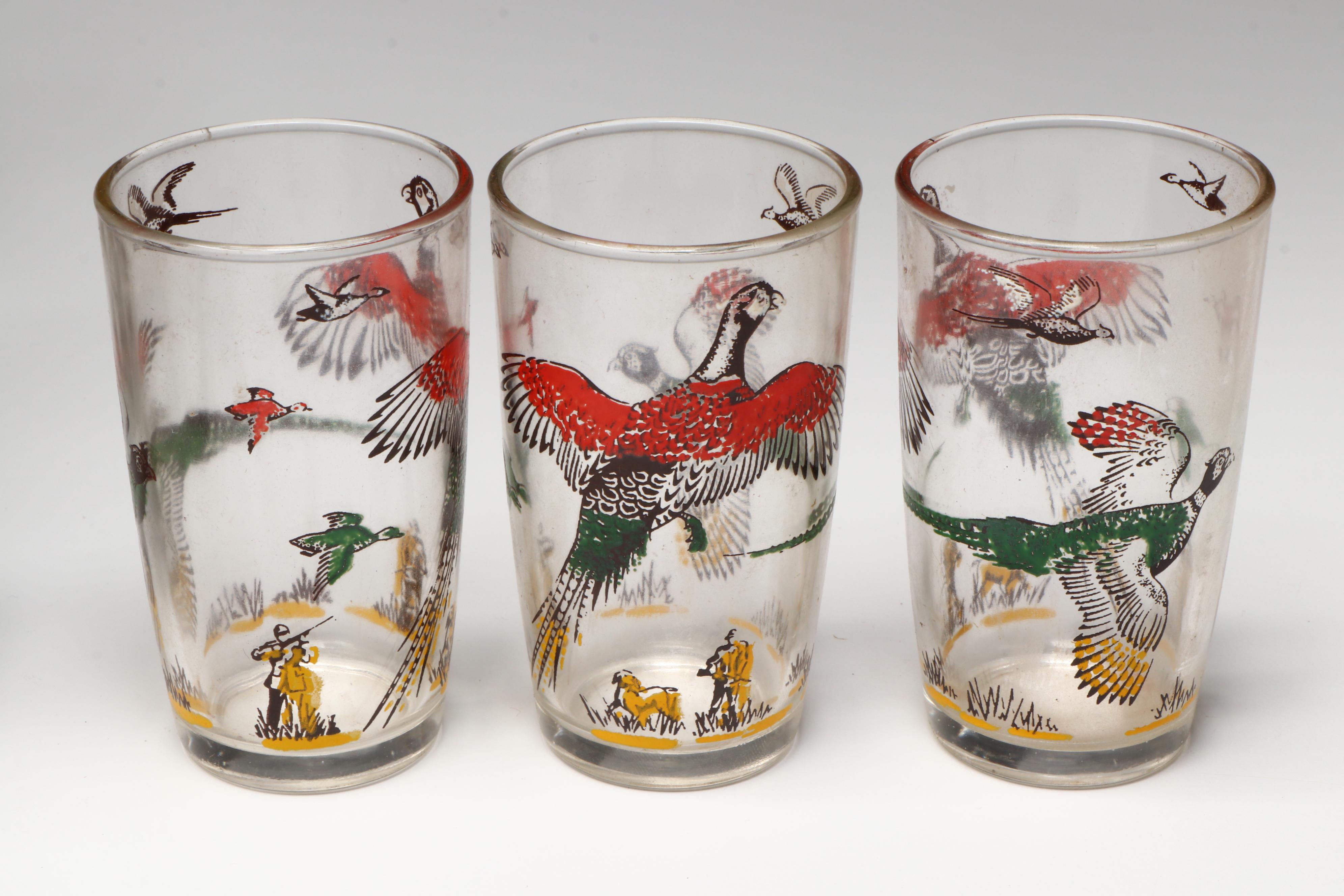 Vintage Hunting Fowl Bar Glasses, Mid-20th Century
