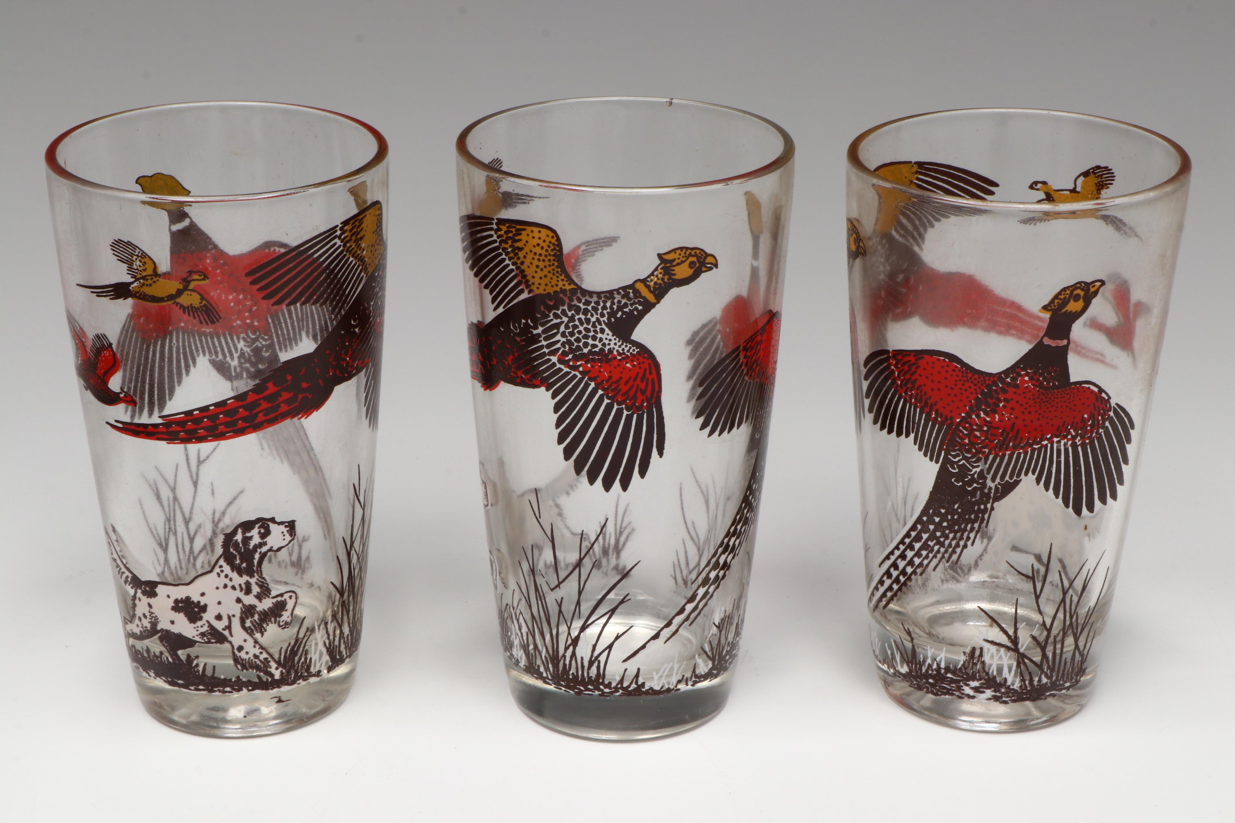 Vintage Hunting Fowl Bar Glasses, Mid-20th Century