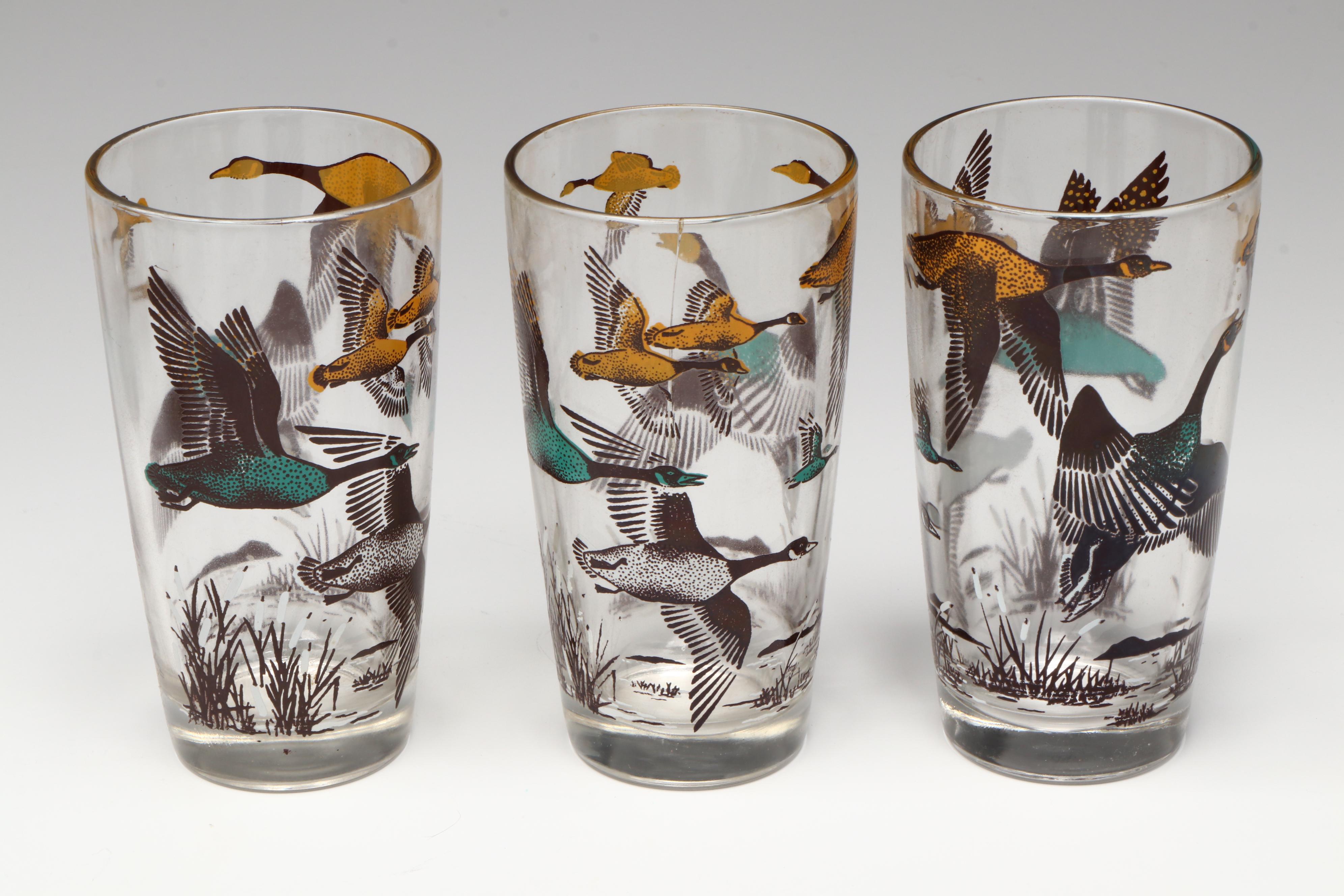 Vintage Hunting Fowl Bar Glasses, Mid-20th Century