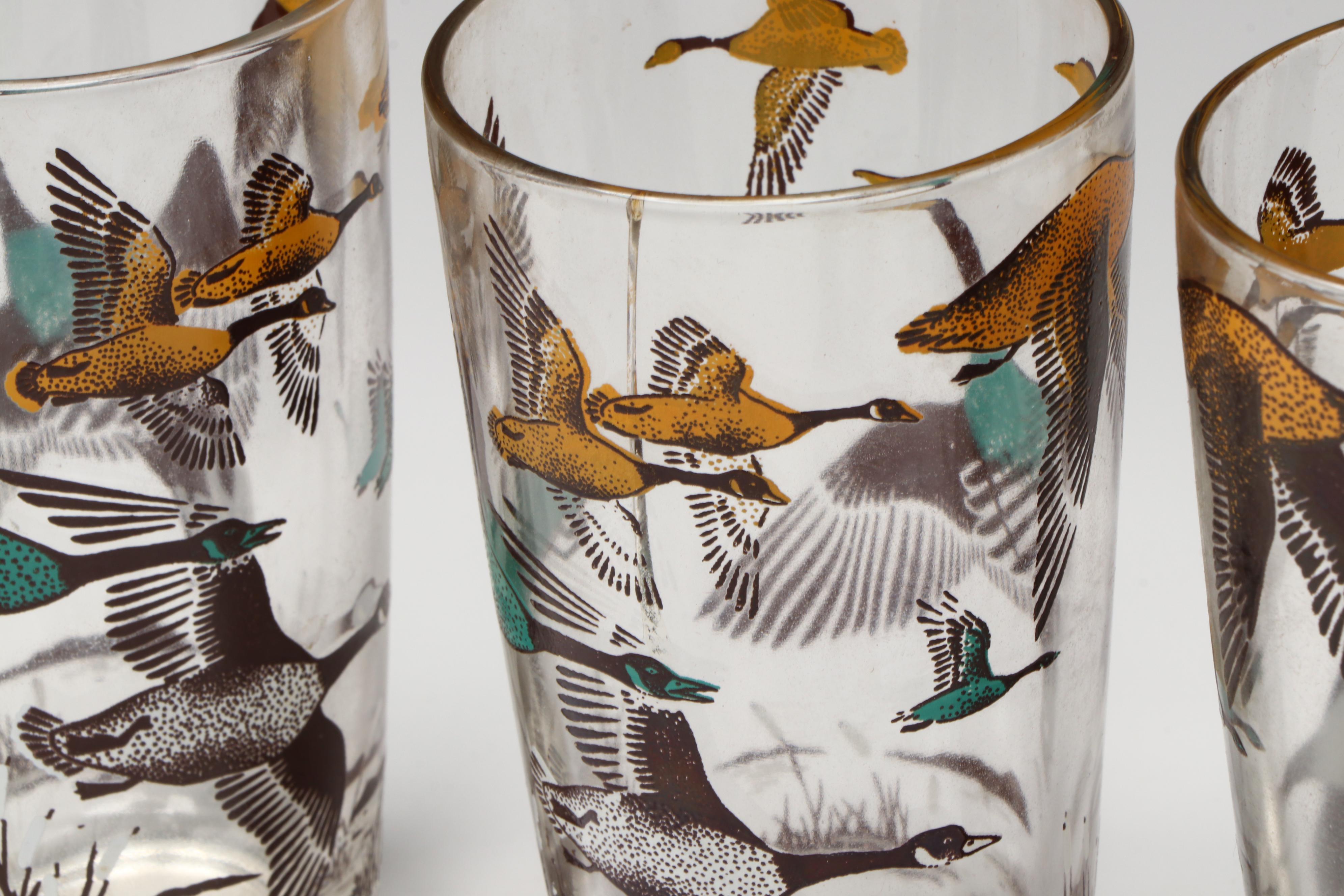 Vintage Hunting Fowl Bar Glasses, Mid-20th Century