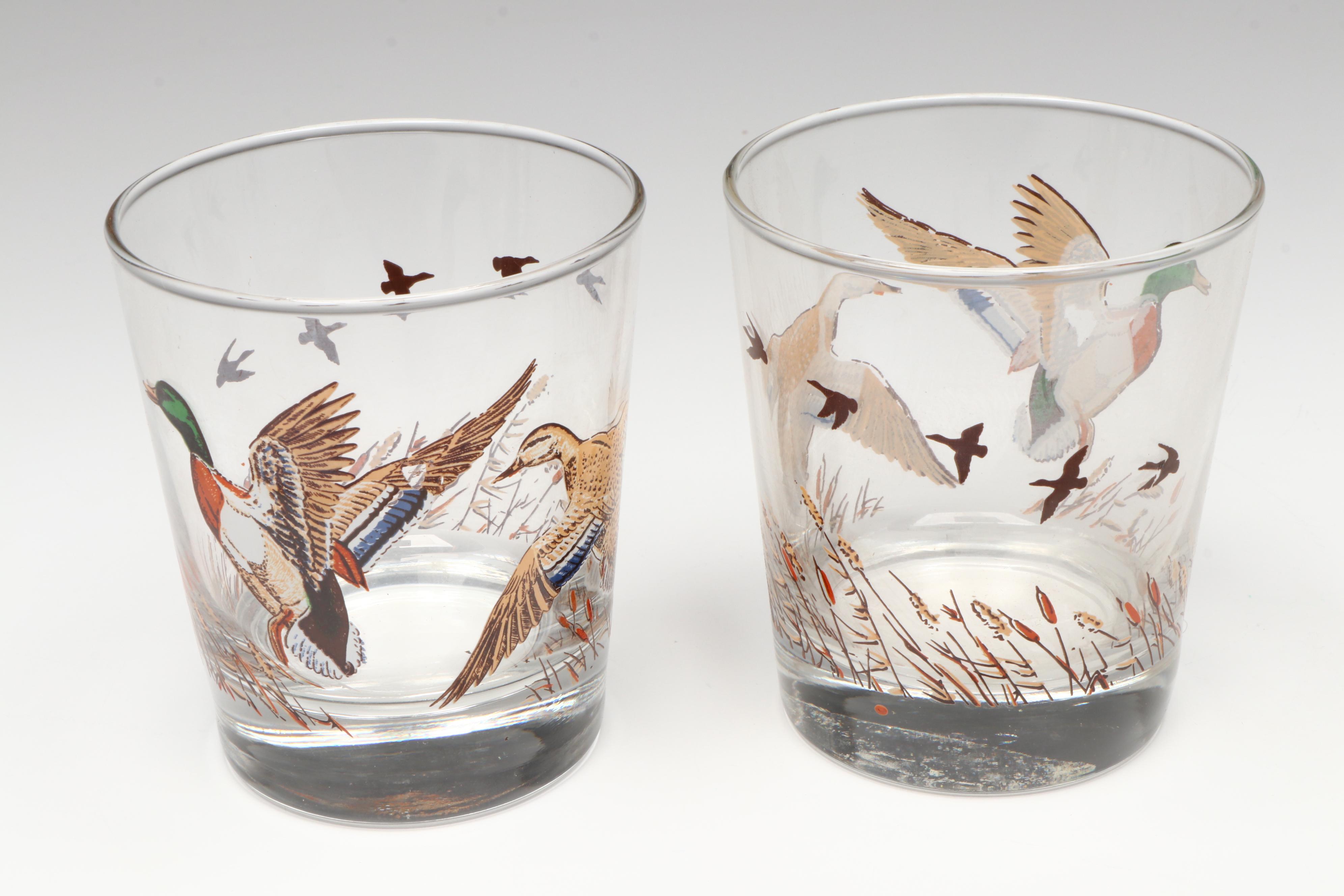 Vintage Hunting Fowl Bar Glasses, Mid-20th Century