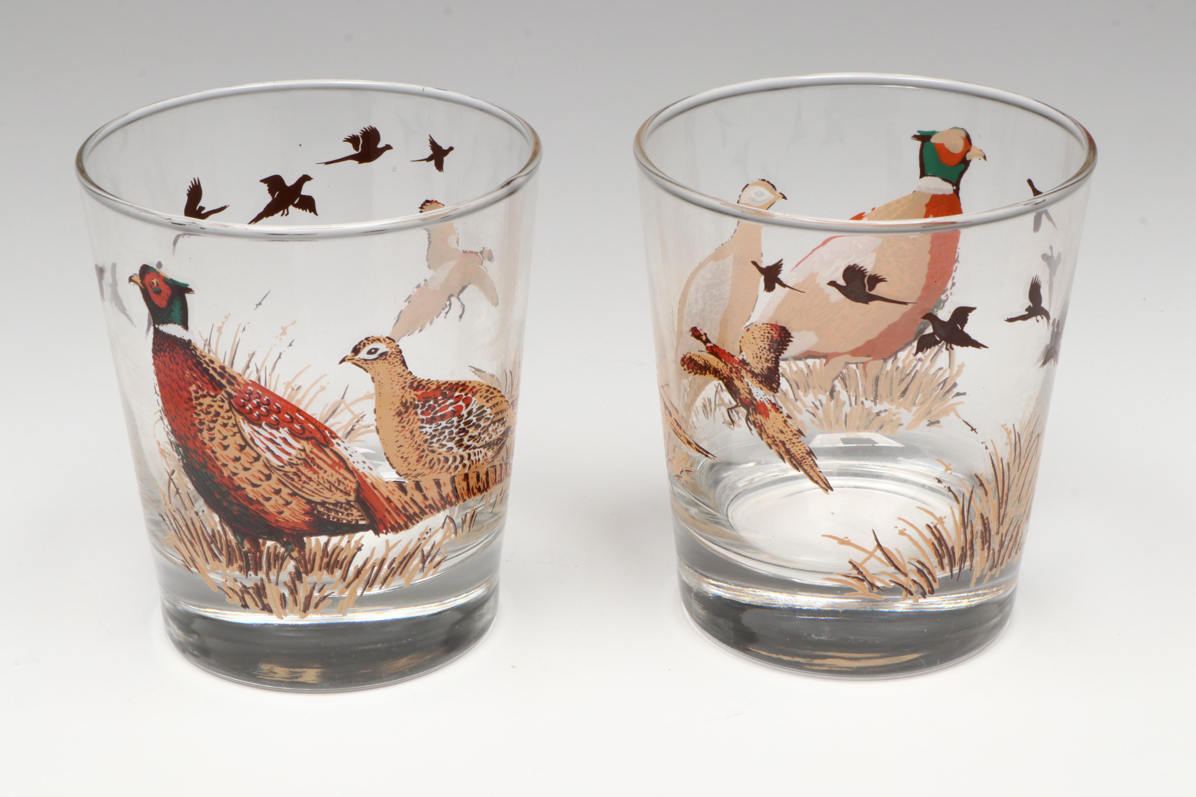 Vintage Hunting Fowl Bar Glasses, Mid-20th Century
