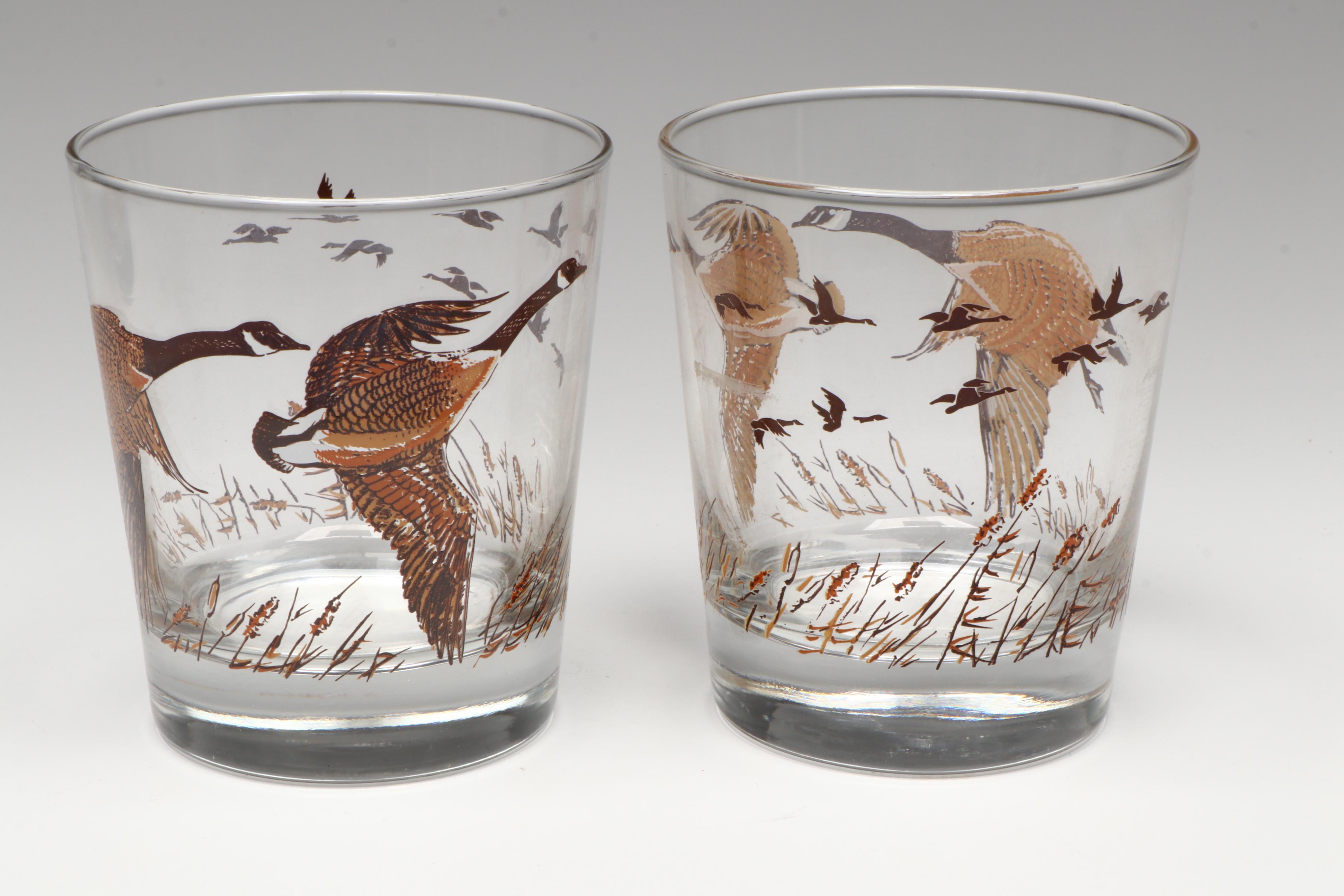 Vintage Hunting Fowl Bar Glasses, Mid-20th Century