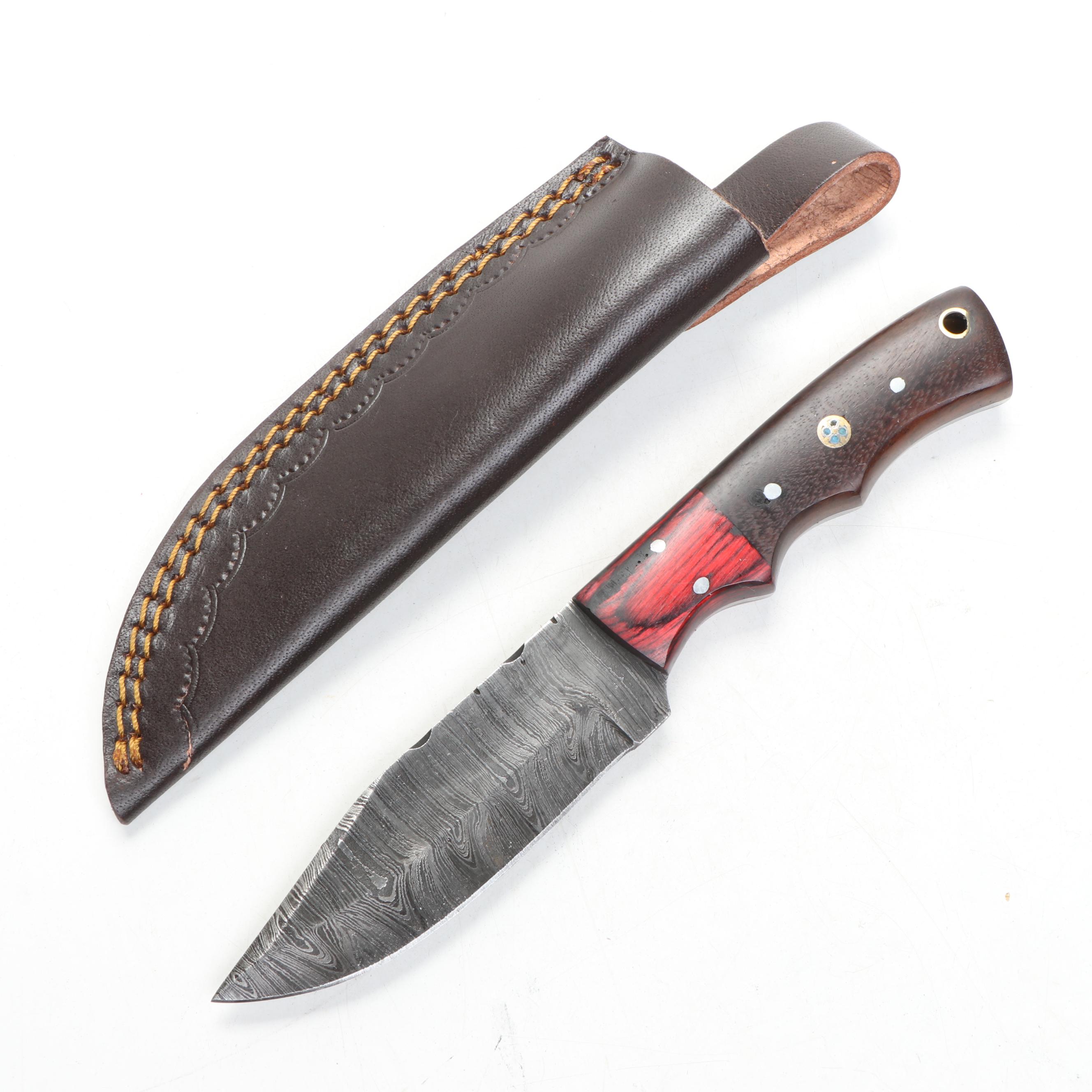 Damascus Steel Fixed Blade Knives with Leather Sheathes