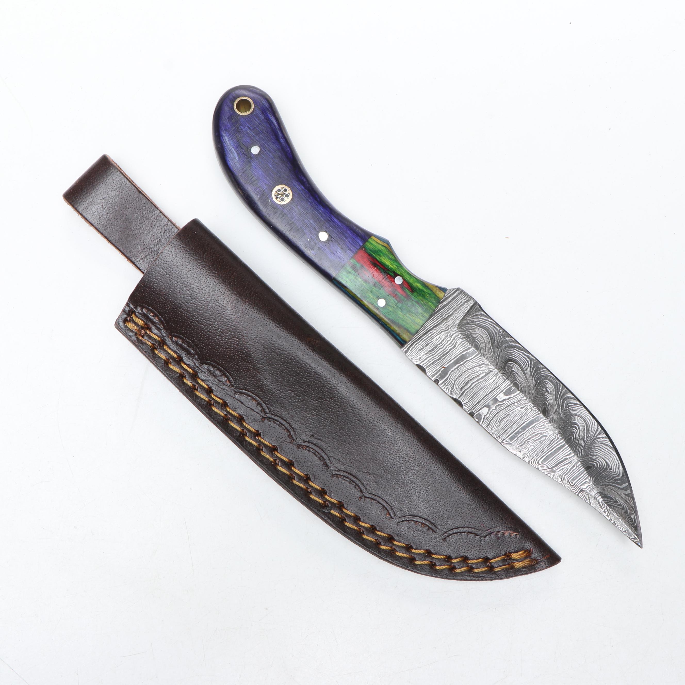 Damascus Steel Fixed Blade Knives with Leather Sheathes