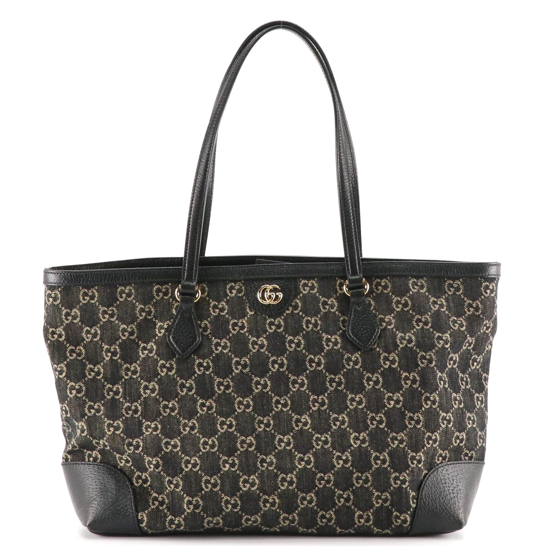 Gucci Ophidia Medium Tote in Black GG Denim Canvas and Leather Trim