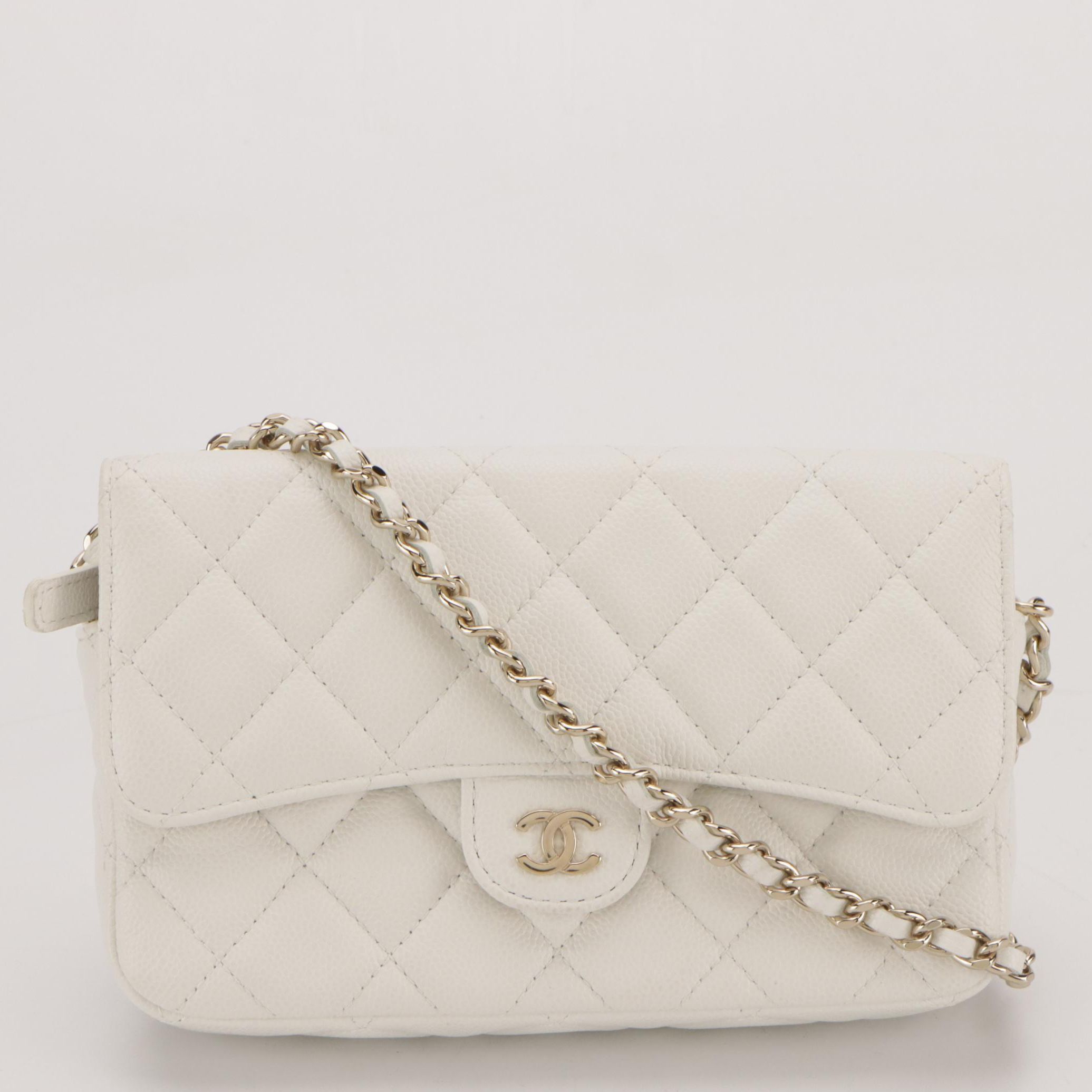 Chanel Flap Phone Case Wallet in Quilted White Caviar Leather with Box