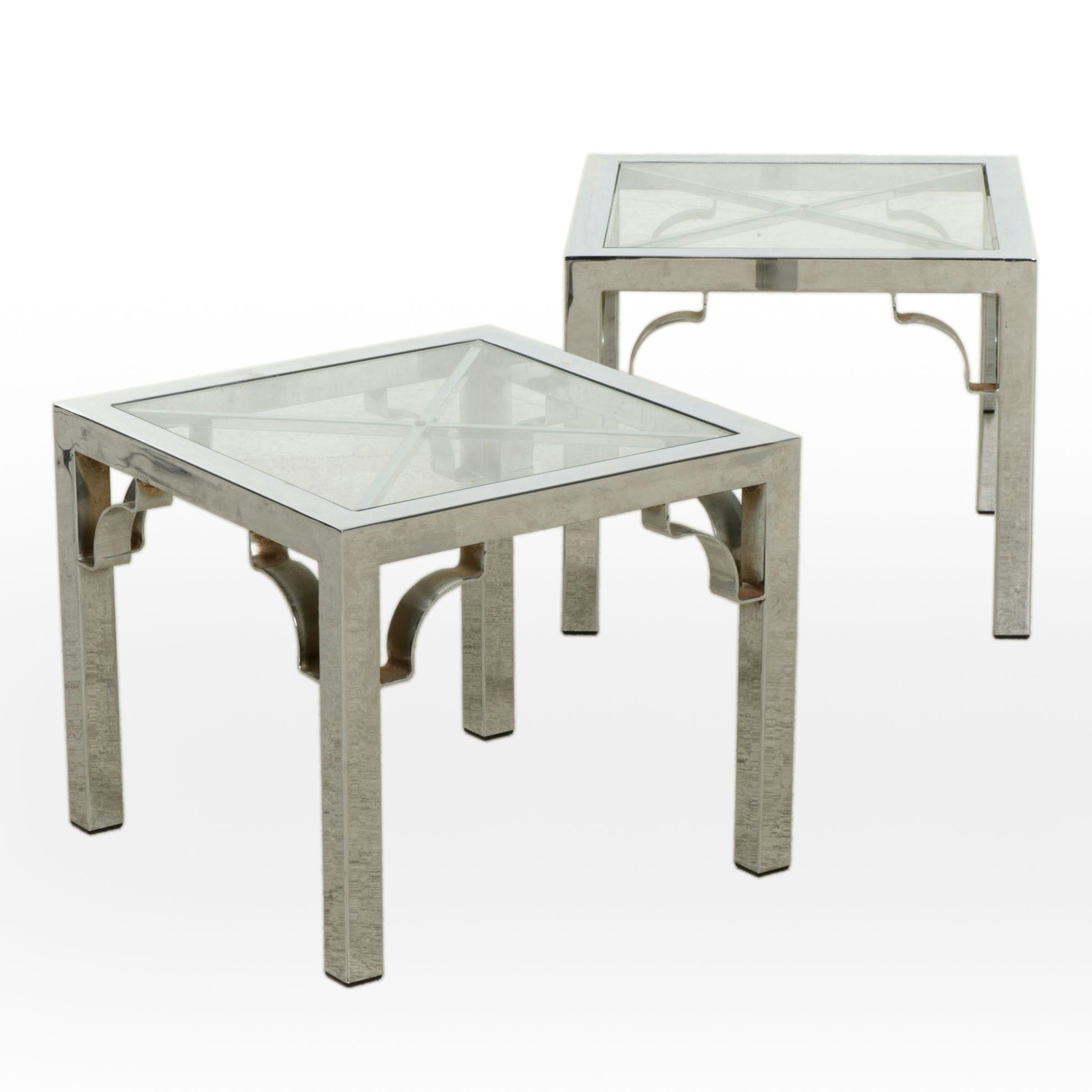 Pair of Modernist Chrome Finished Glass Top Side Tables