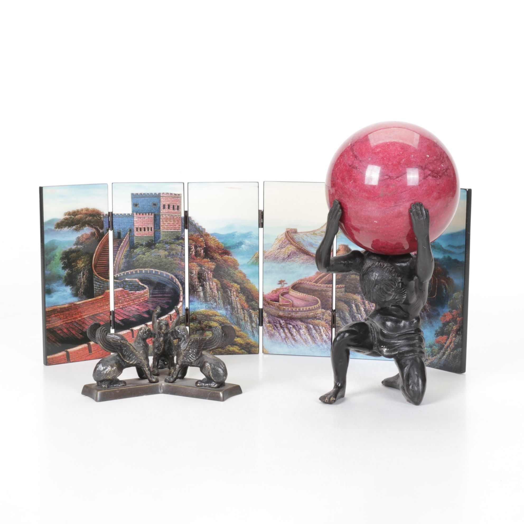 Cast Metal Figure of Atlas with Stone Globe, Desk Screen, and More