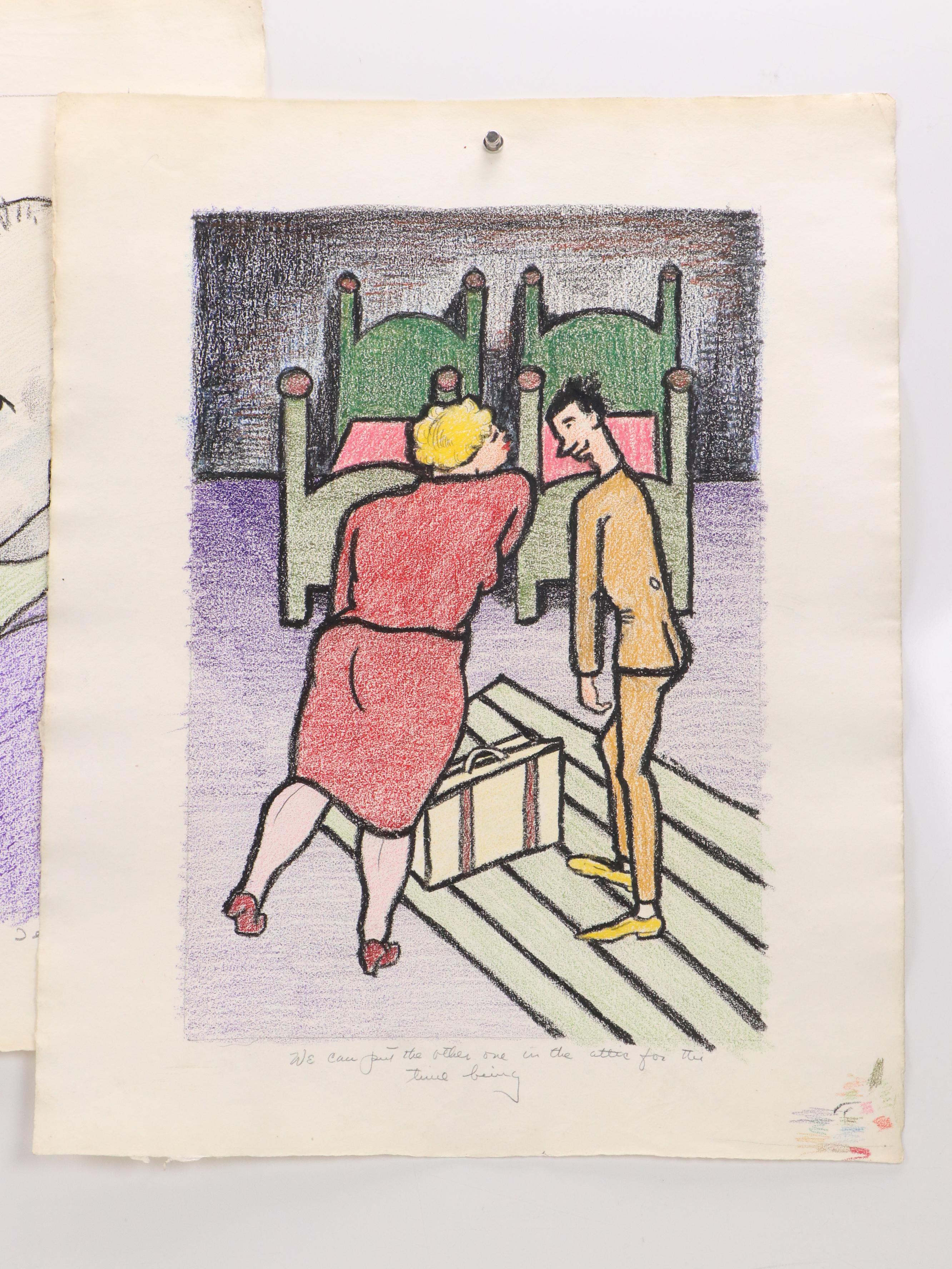 Three Drawings of Humorous Narrative Scenes With Caricatures, 20th Century