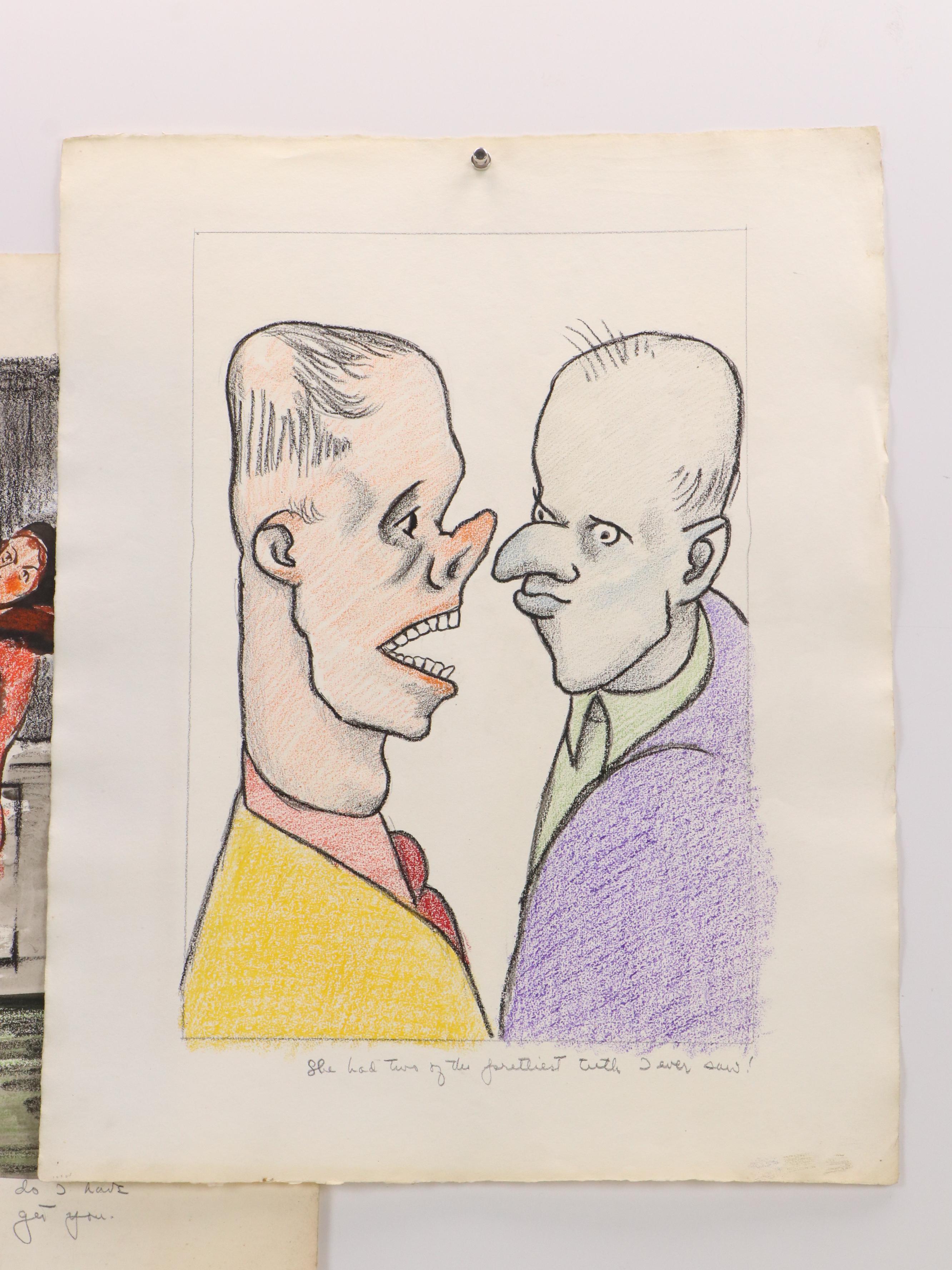 Three Drawings of Humorous Narrative Scenes With Caricatures, 20th Century