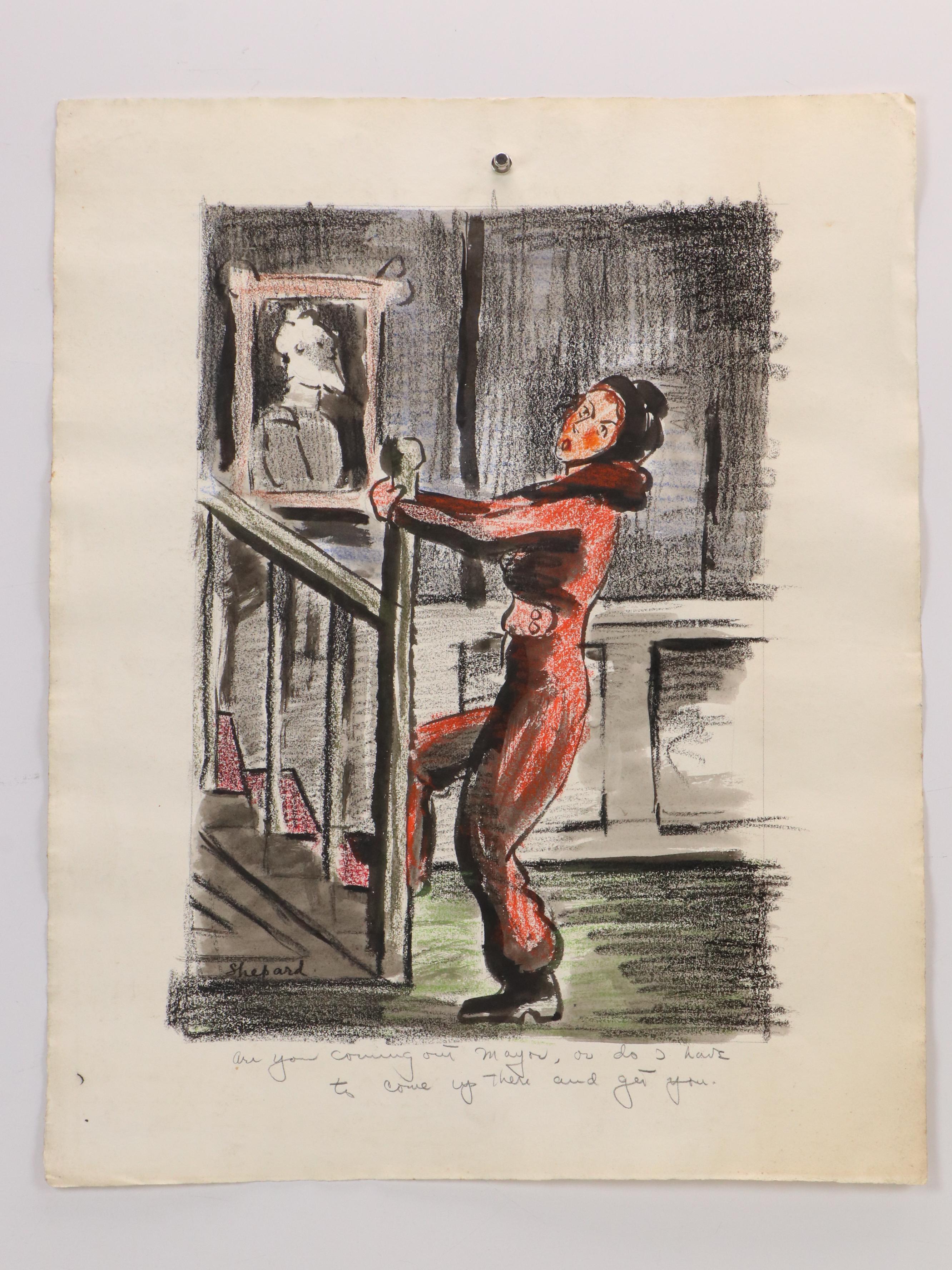 Three Drawings of Humorous Narrative Scenes With Caricatures, 20th Century