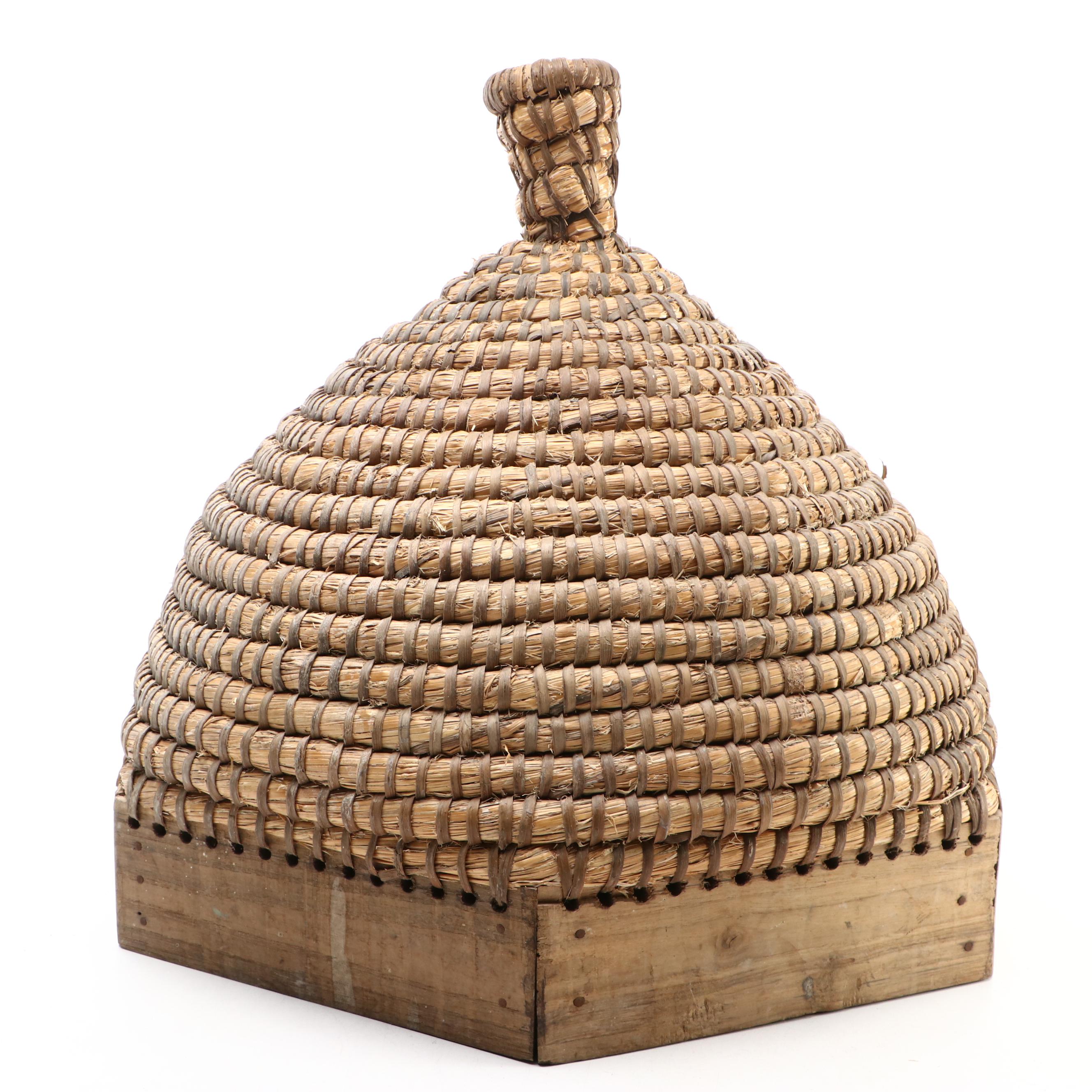 Handwoven Grass and Split Wood Bee Skep, 19th Century