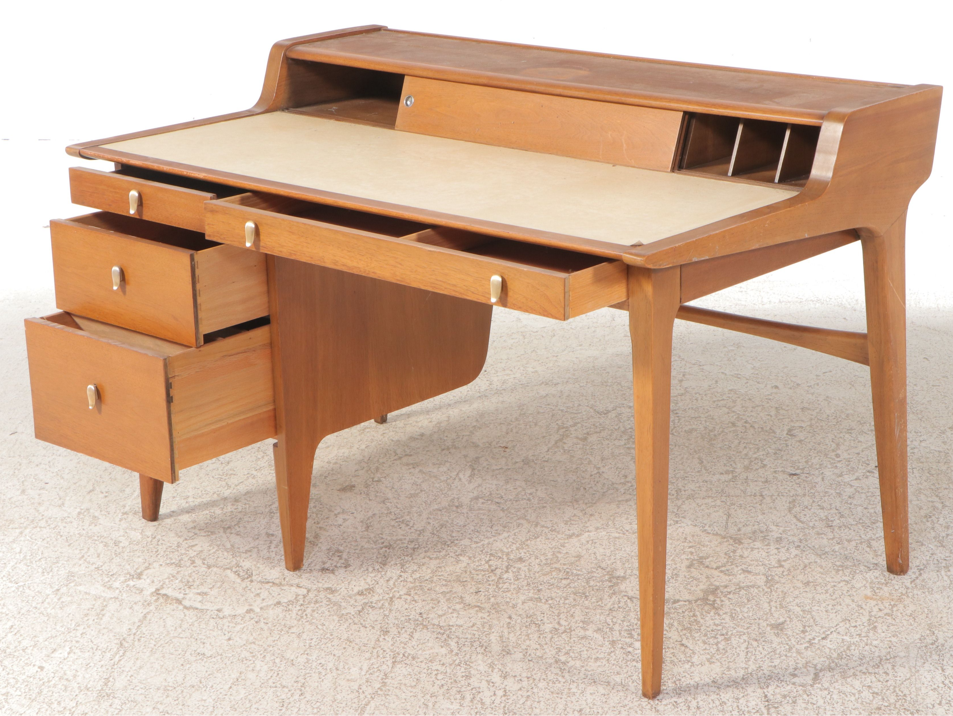 John Van Koert for Drexel Mid Century Modern Walnut Desk with Leather Top