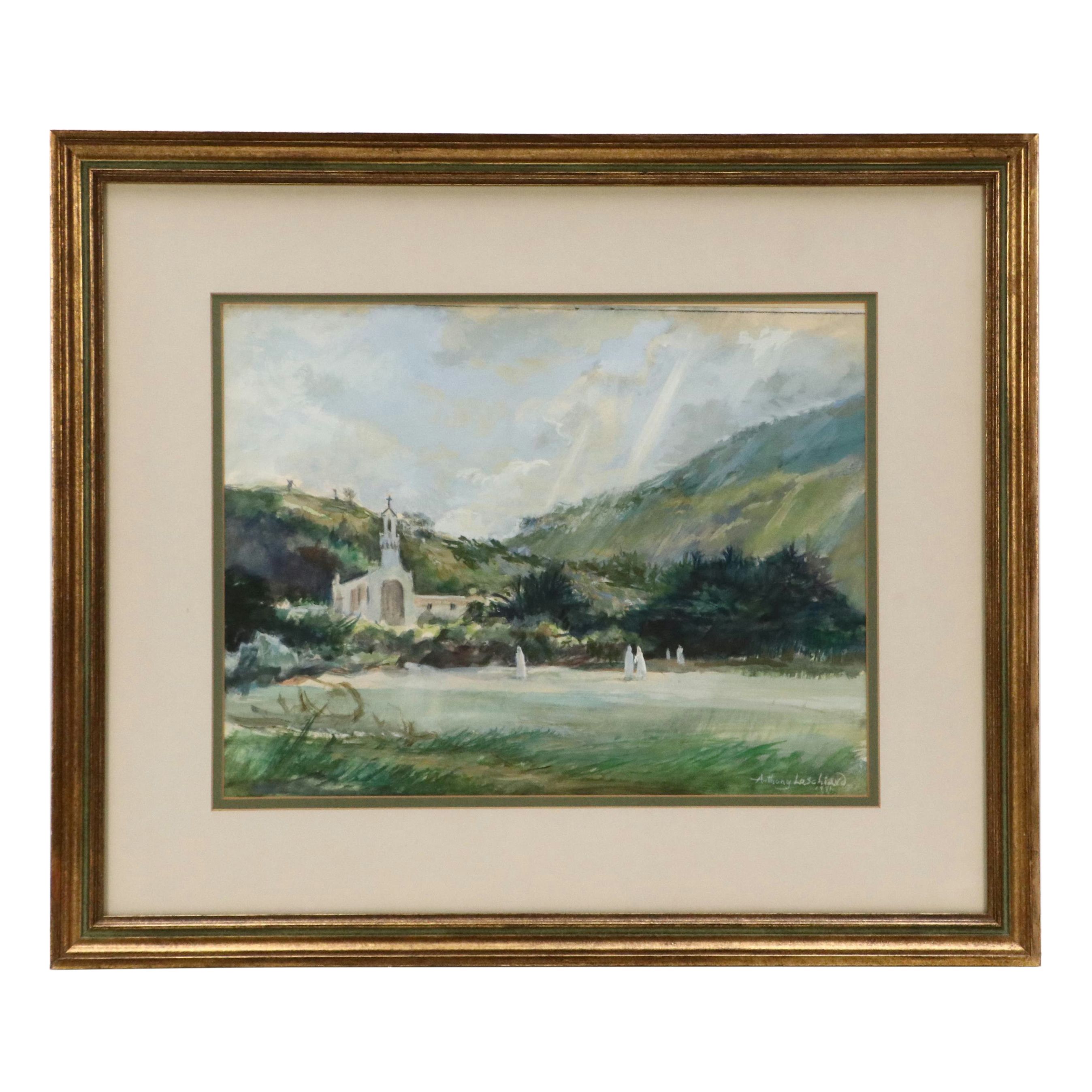 Anthony Loschiavo Watercolor Painting of Landscape with Church, 1991