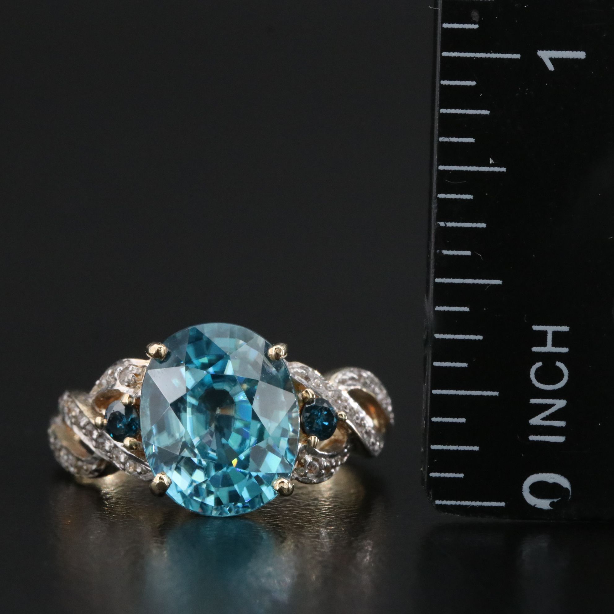 10K 6.15 CT Blue Zircon, Fancy Diamond and White Zircon Ring