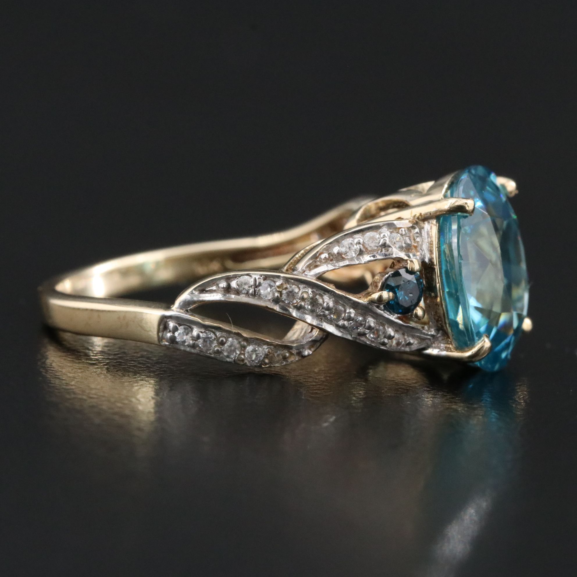 10K 6.15 CT Blue Zircon, Fancy Diamond and White Zircon Ring