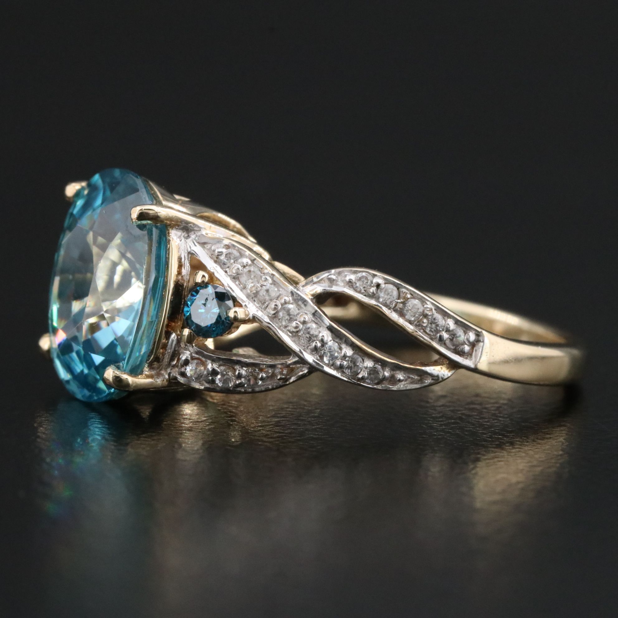 10K 6.15 CT Blue Zircon, Fancy Diamond and White Zircon Ring