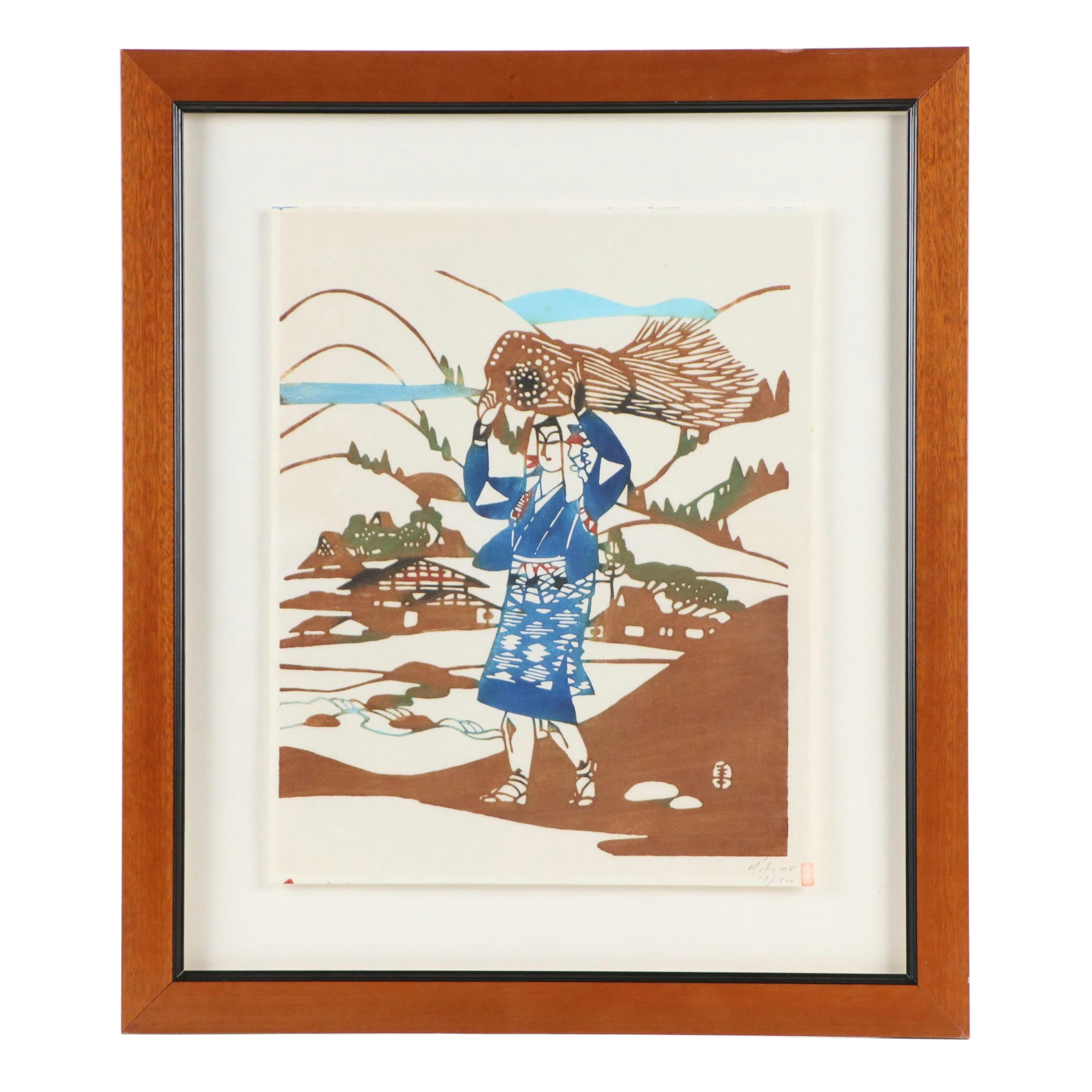 Mikumo Woodblock Print of Woman Carrying Straw Bushel, 20th Century