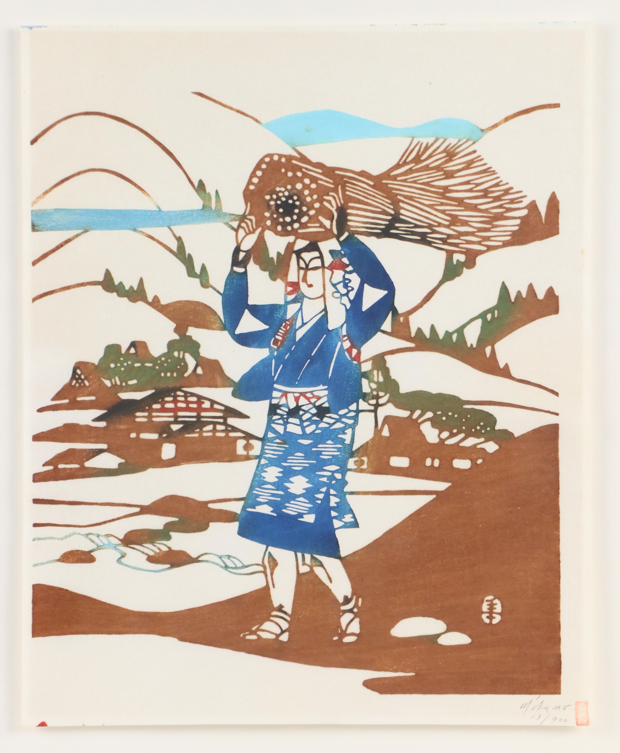 Mikumo Woodblock Print of Woman Carrying Straw Bushel, 20th Century