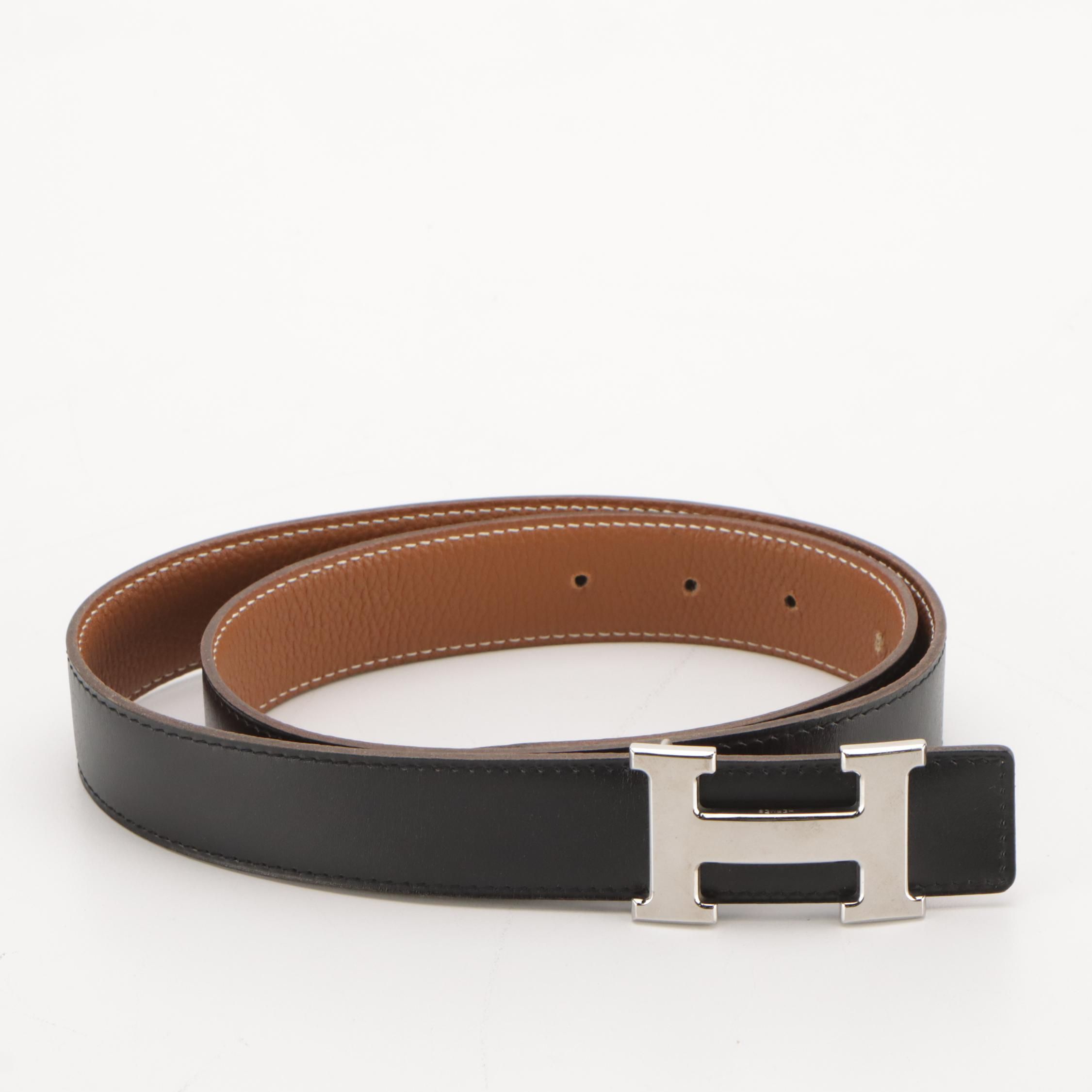 Hermès H Buckle Reversible 32mm Belt in Black Box Calf and Tan Clemence Leather