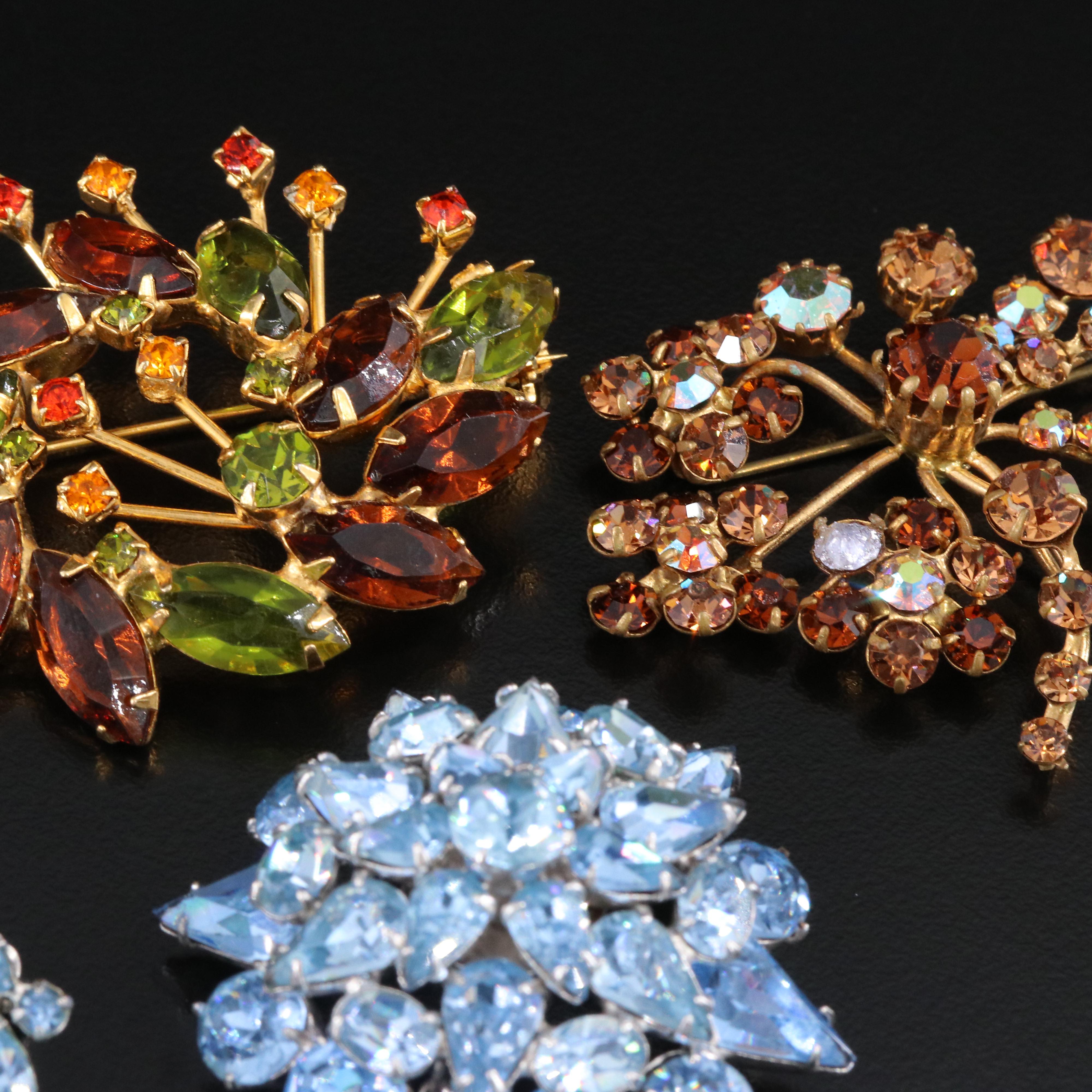 Jewelry Collection Featuring Weiss Earrings and Coro Trembler Camellia Brooch