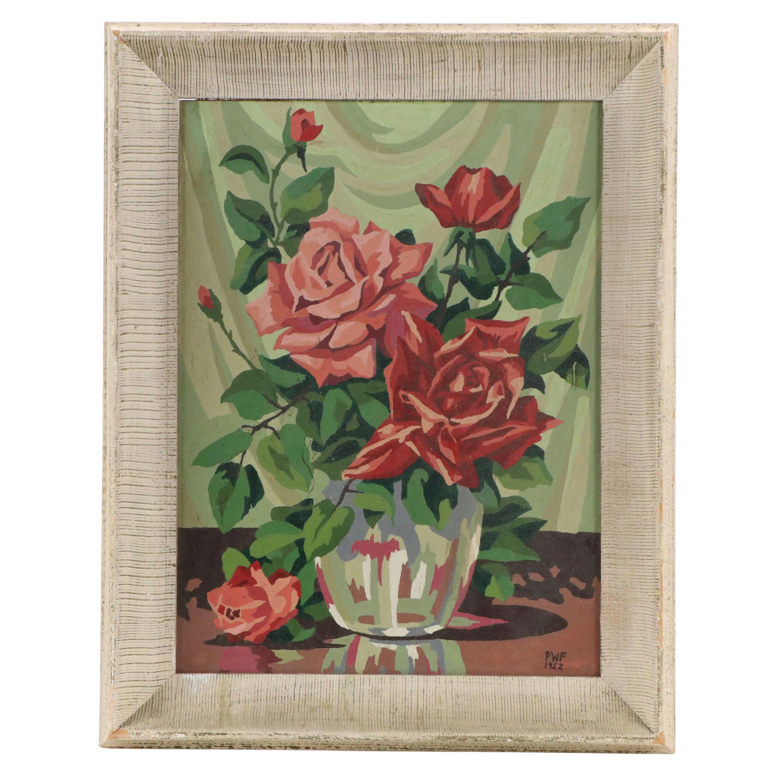 Floral Still Life Oil Paint-By-Number Painting of Roses, 1952