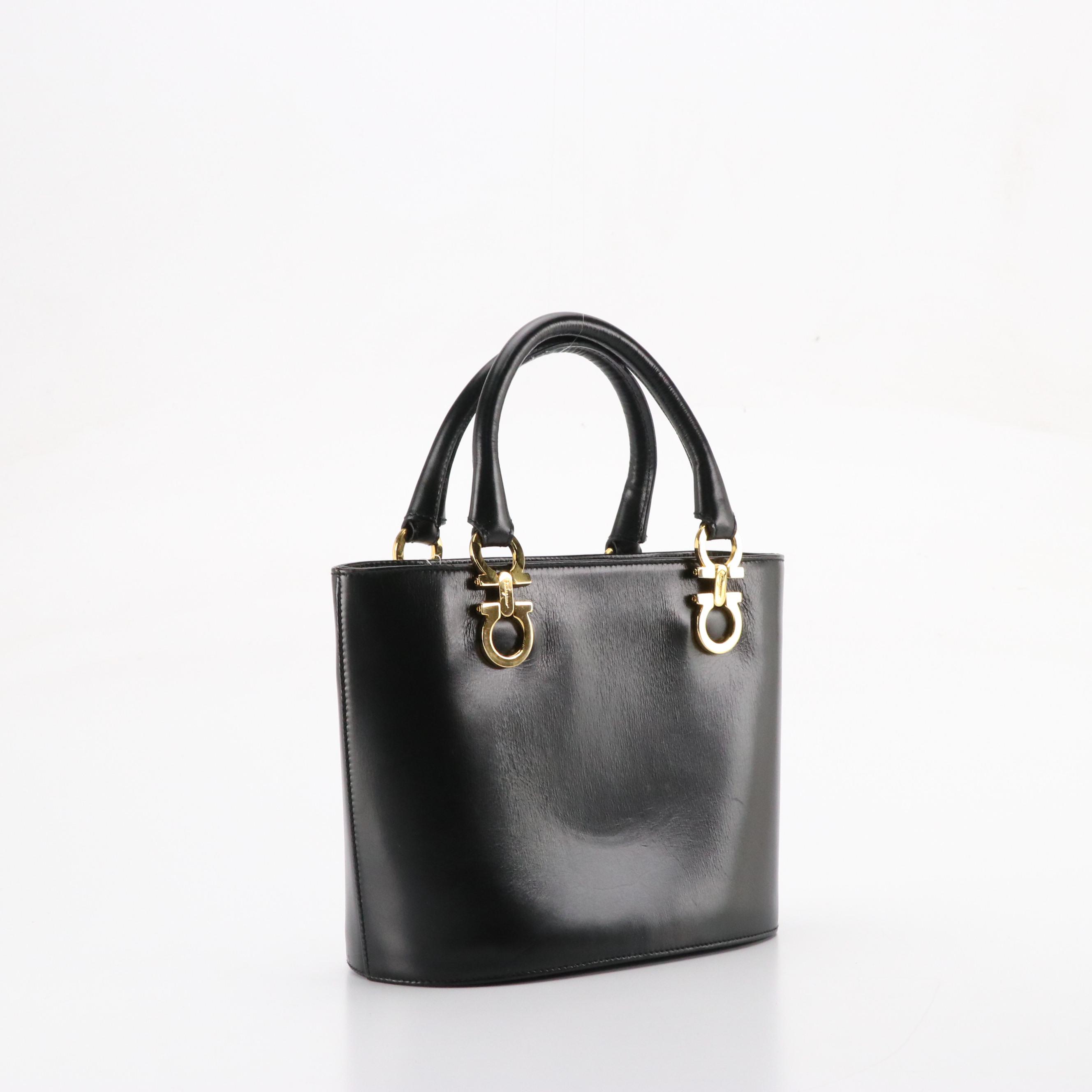 Salvatore Ferragamo Black Leather Two-Way Handbag with Gancini Hardware