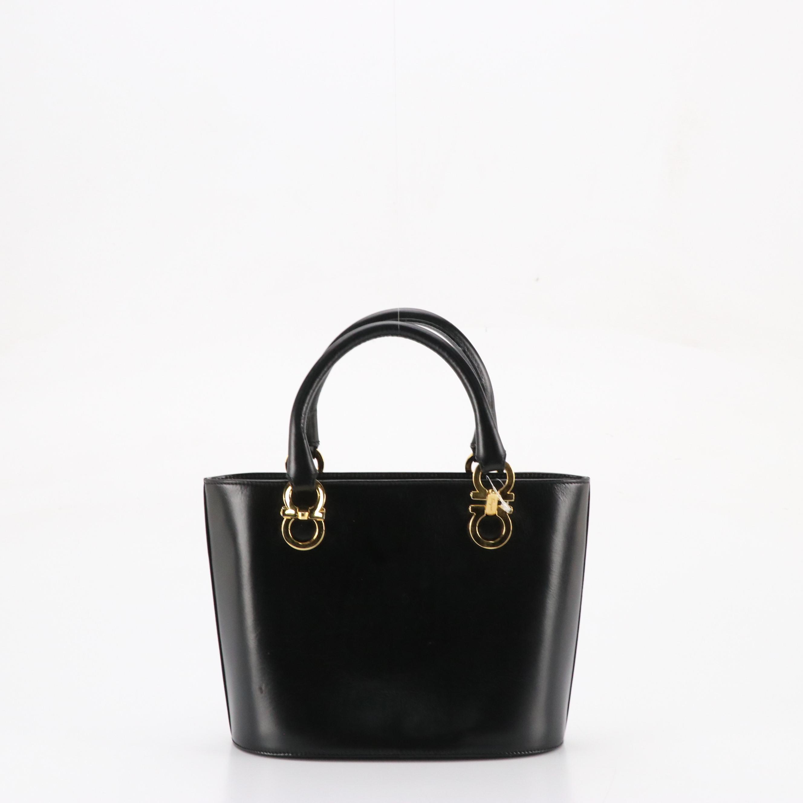 Salvatore Ferragamo Black Leather Two-Way Handbag with Gancini Hardware