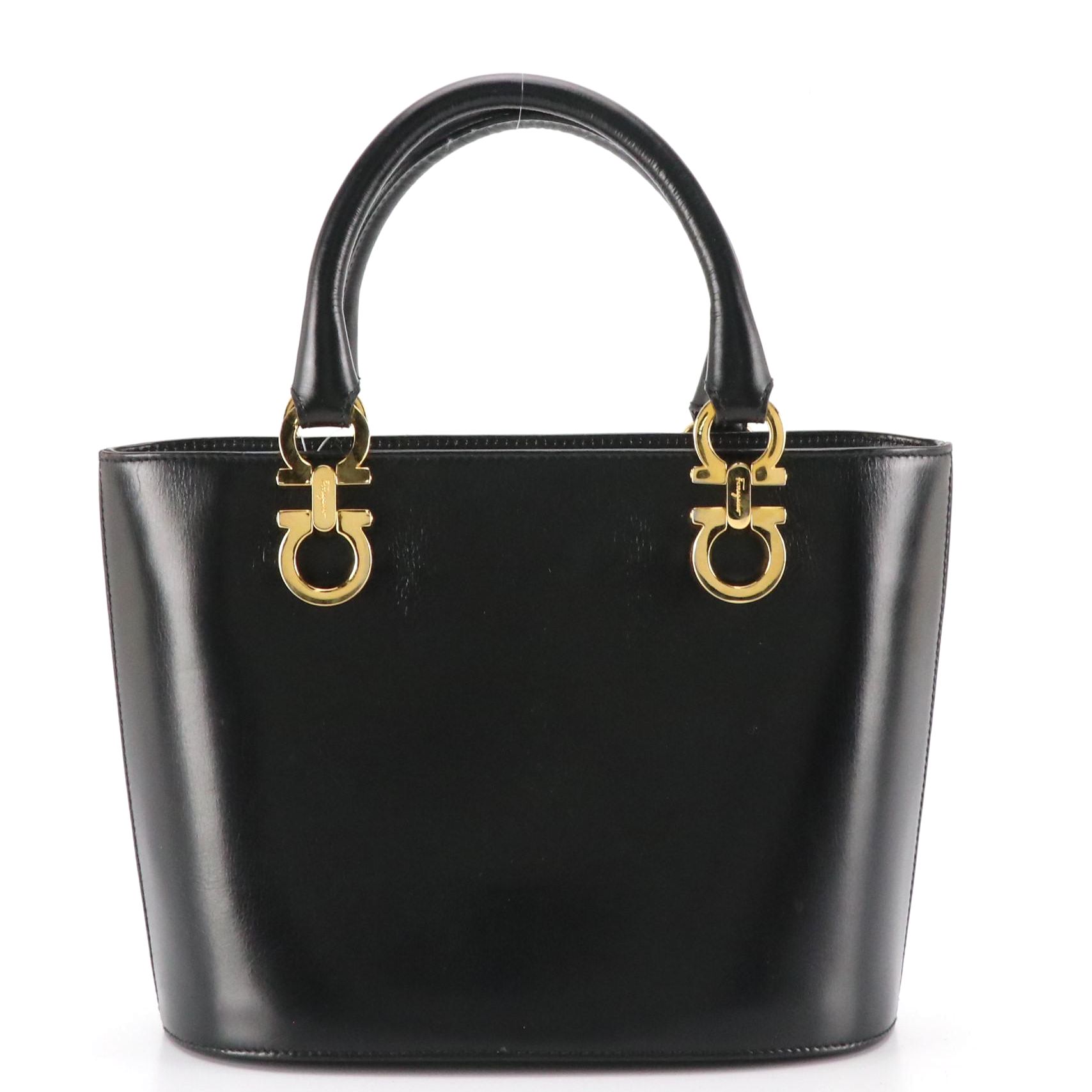 Salvatore Ferragamo Black Leather Two-Way Handbag with Gancini Hardware