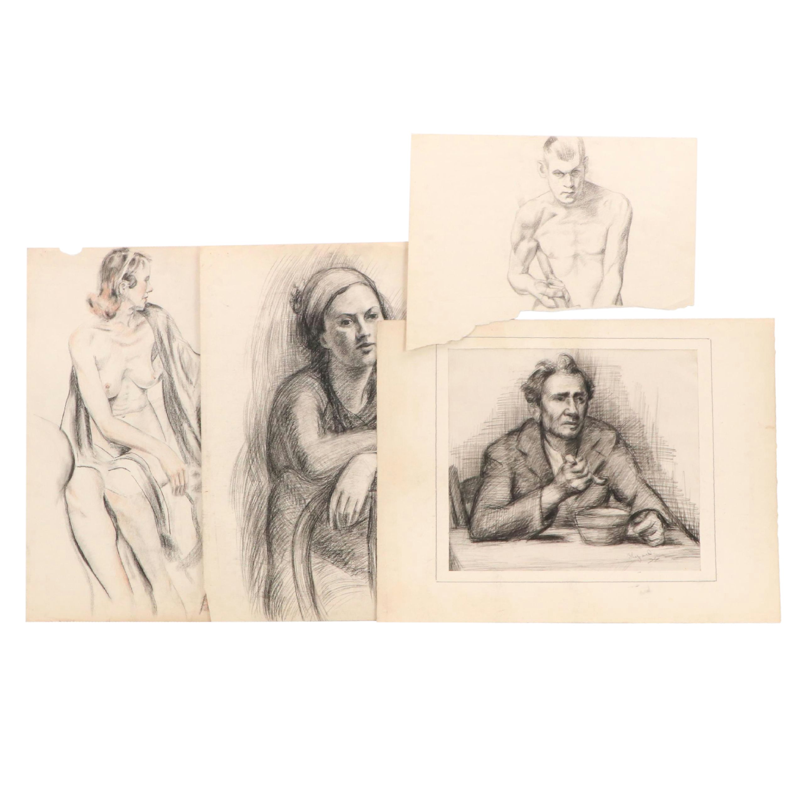 Harvey Shepard Charcoal Portrait of Man Eating and Other Nude Drawings, 1936