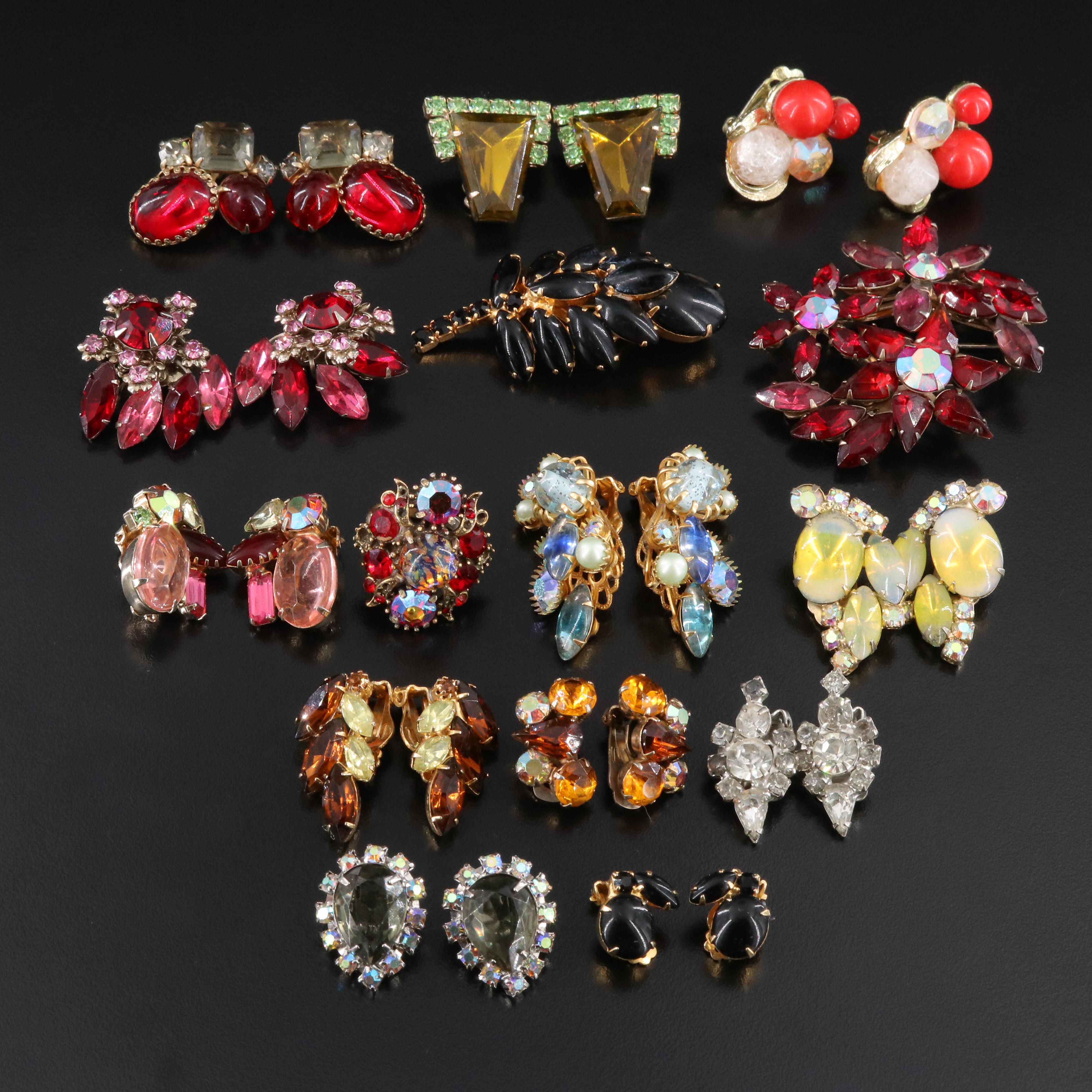 Vintage Earrings Collection Featuring Brooches, Ring and Rhinestones