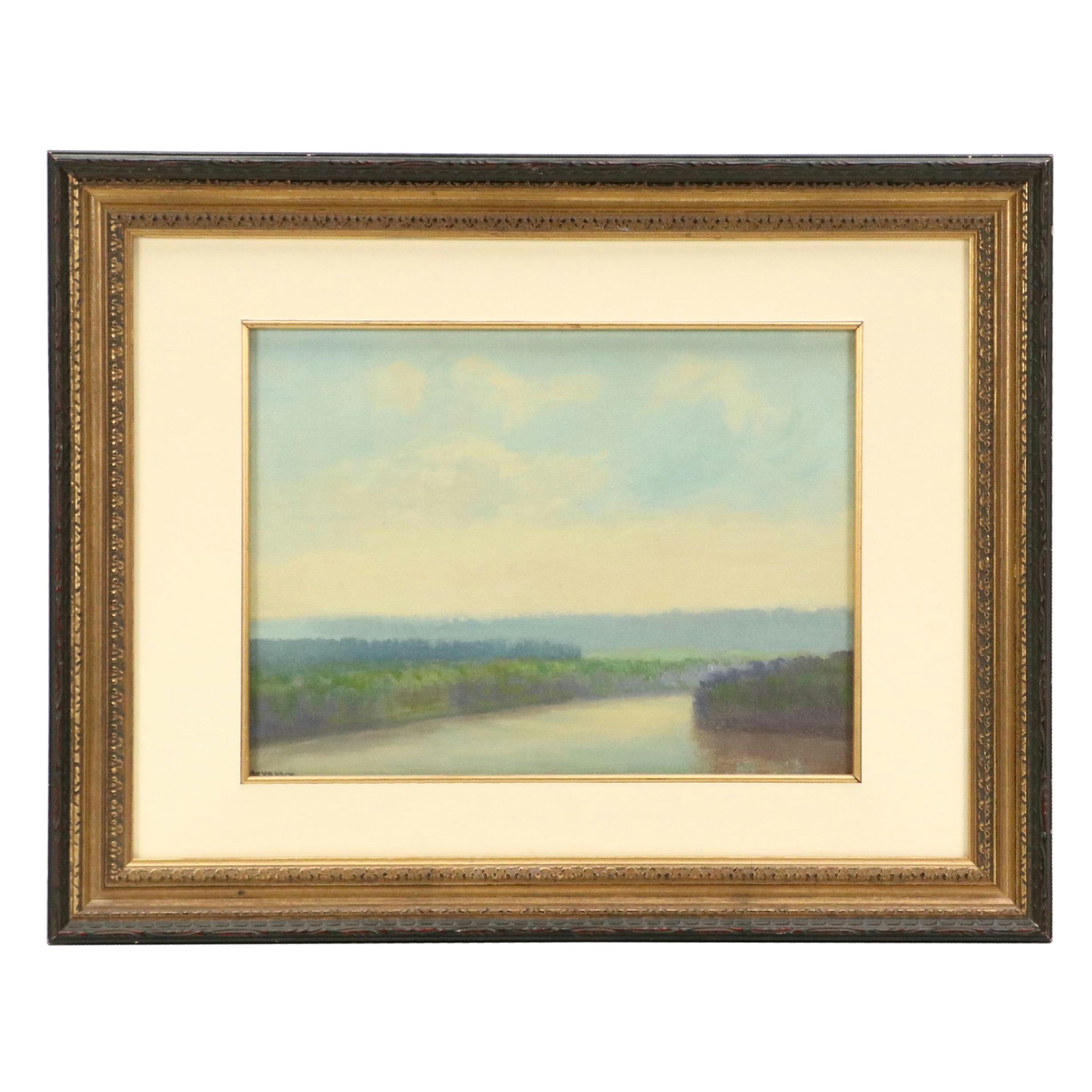 River Landscape Oil Painting, Early 20th Century