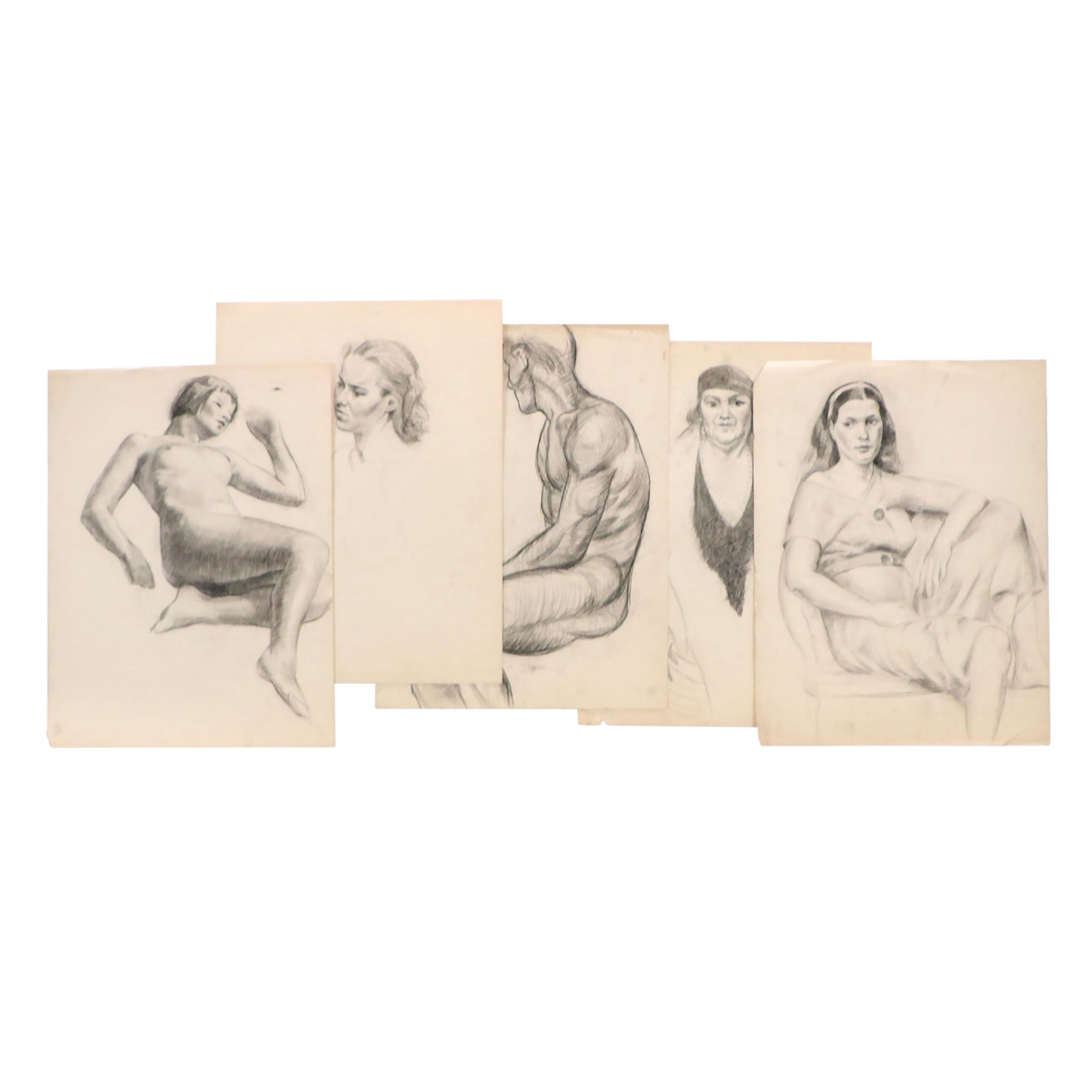 Collection of Figural and Portrait Charcoal Drawings, 20th Century