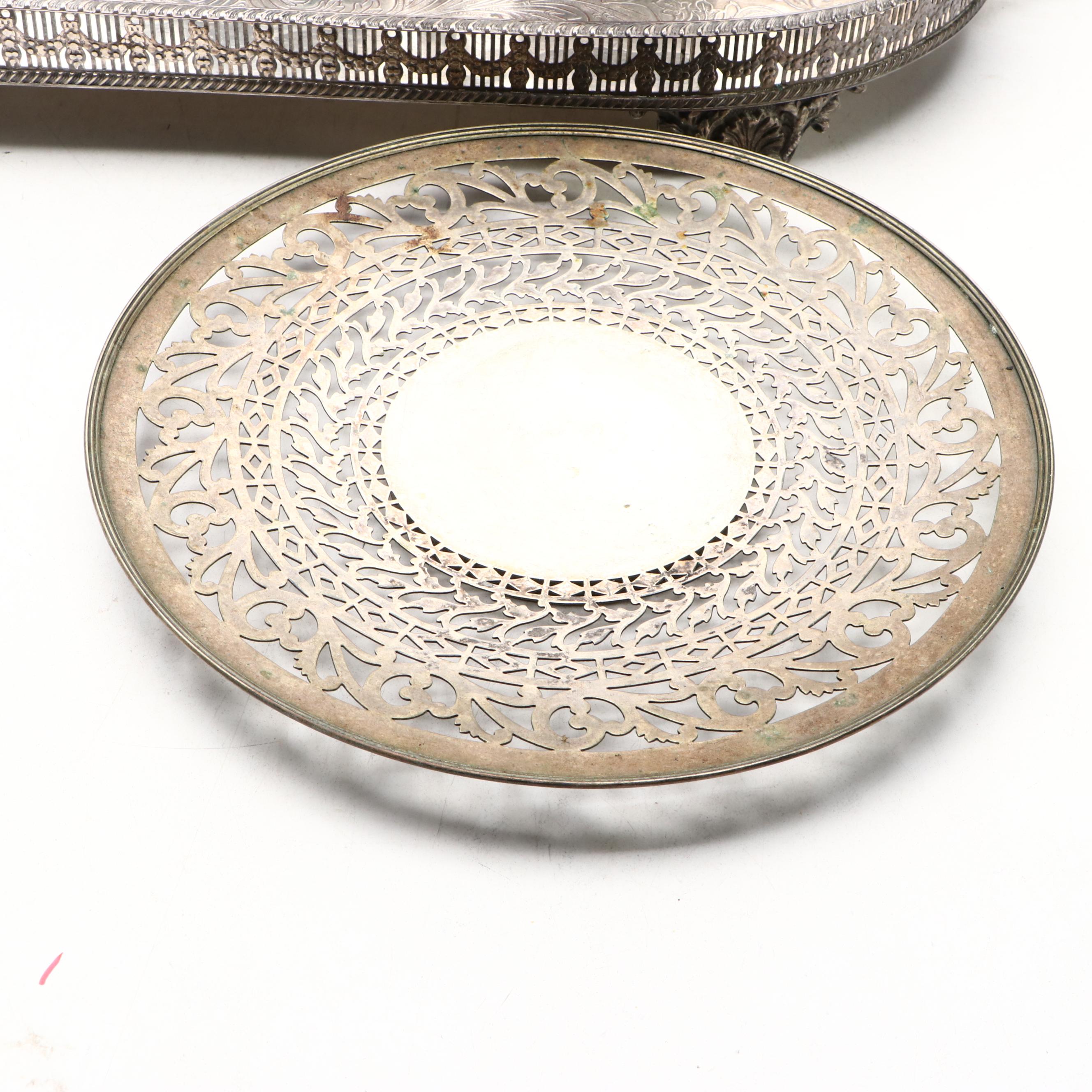 Victorian Style Repousse Genre Scene Tea Set and Other Silver Plate Trays