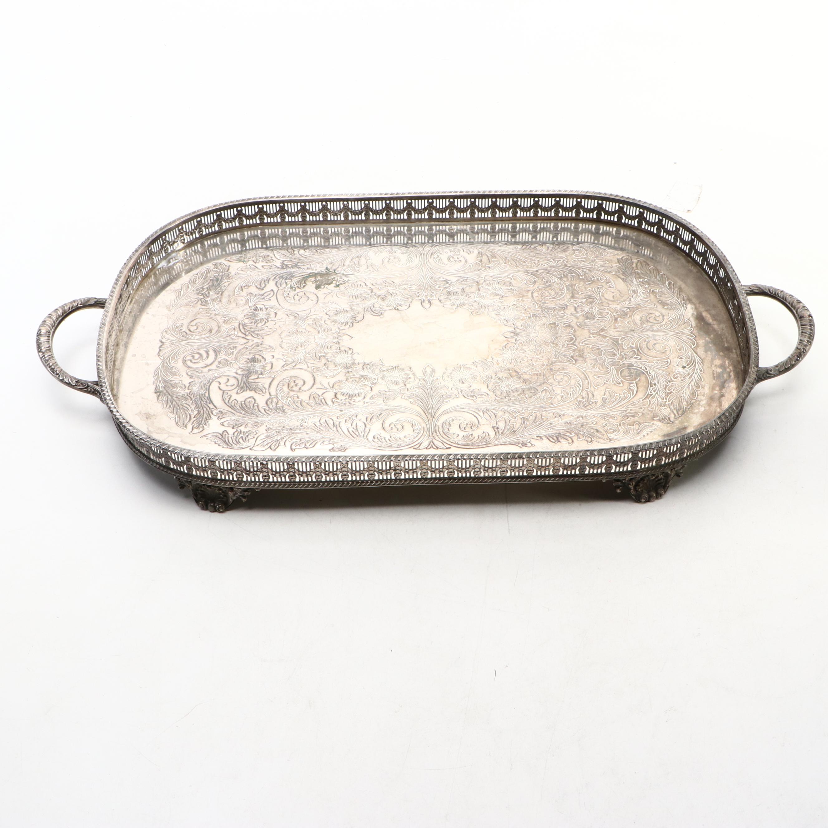 Victorian Style Repousse Genre Scene Tea Set and Other Silver Plate Trays