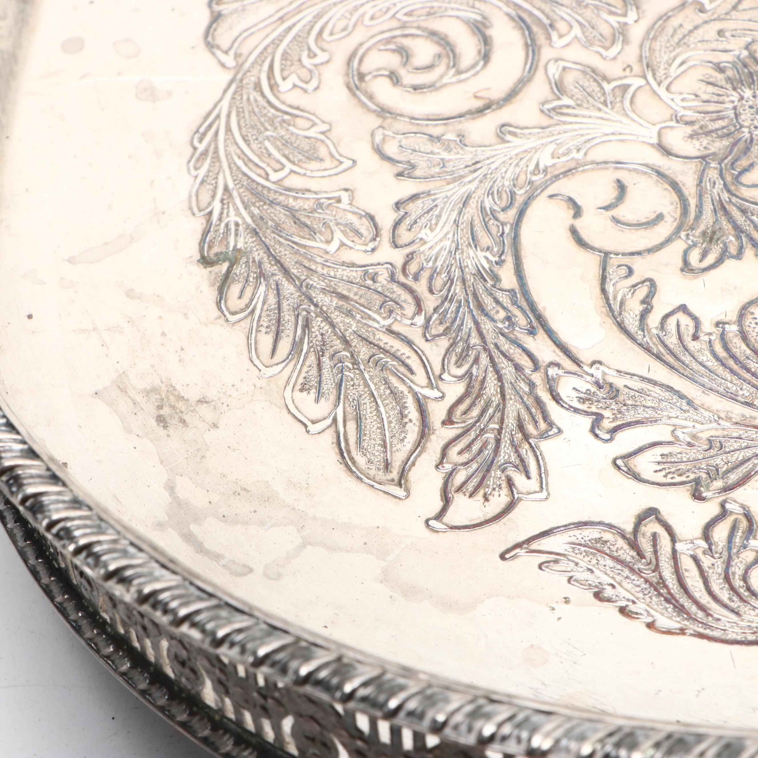 Victorian Style Repousse Genre Scene Tea Set and Other Silver Plate Trays