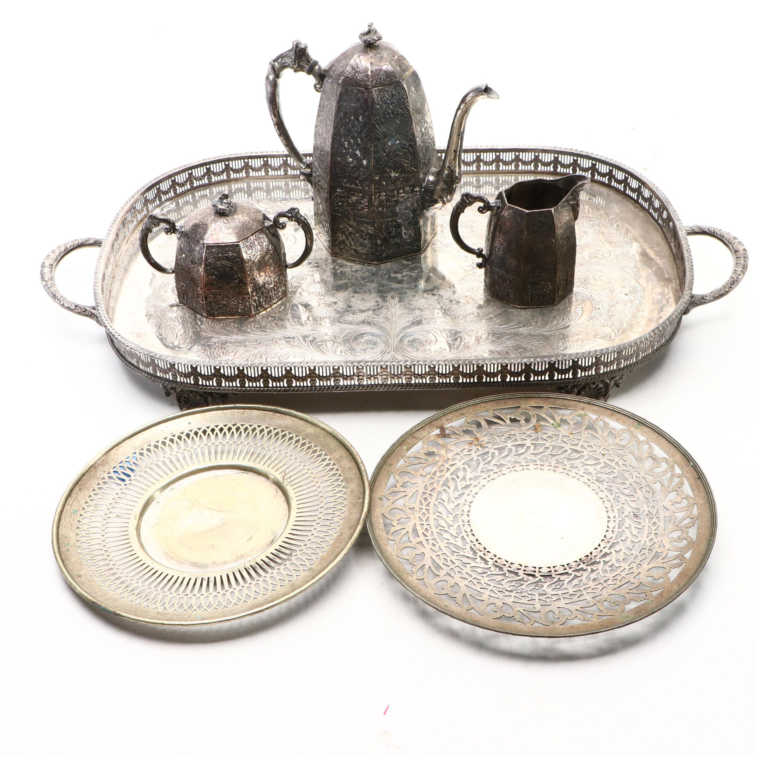 Victorian Style Repousse Genre Scene Tea Set and Other Silver Plate Trays