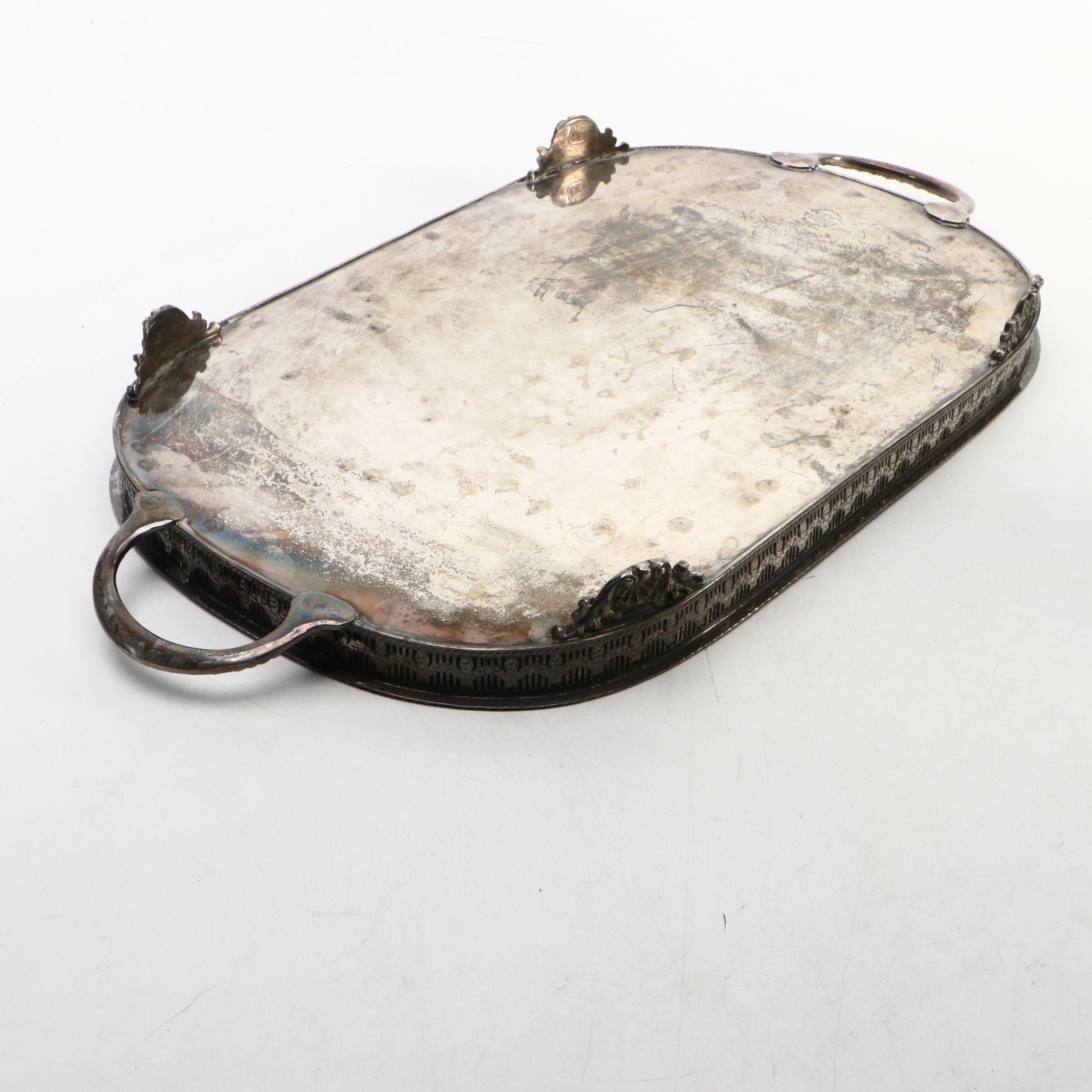 Victorian Style Repousse Genre Scene Tea Set and Other Silver Plate Trays