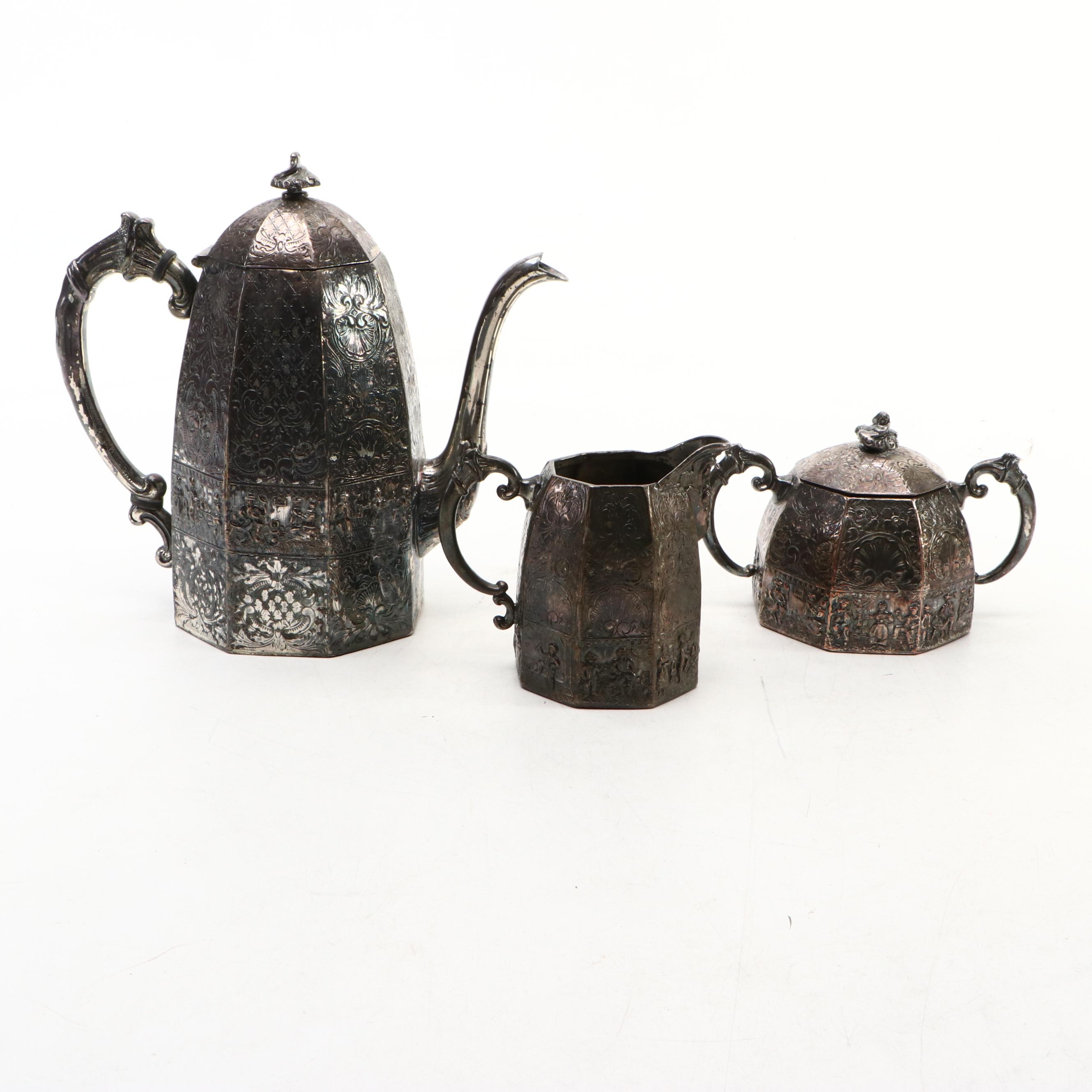 Victorian Style Repousse Genre Scene Tea Set and Other Silver Plate Trays